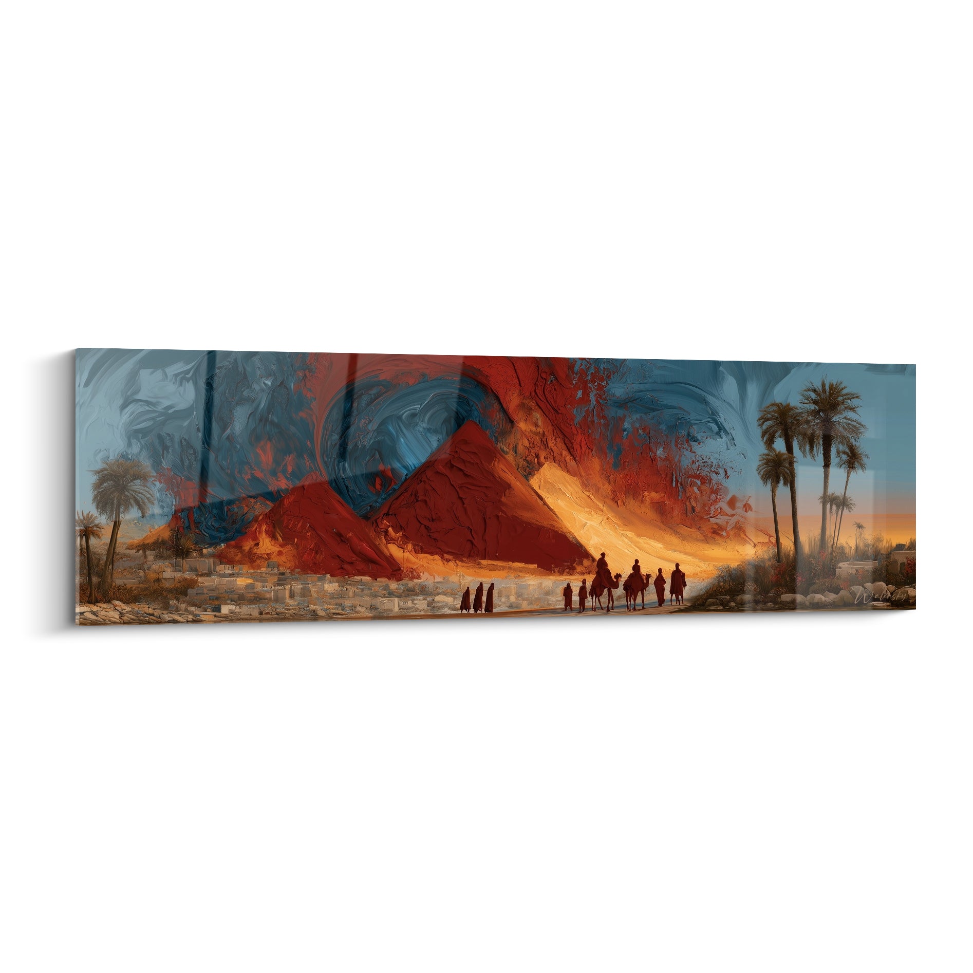 Caravane de chameaux devant pyramides rouge terracotta et ciel bleu marine tourmenté au crépuscule