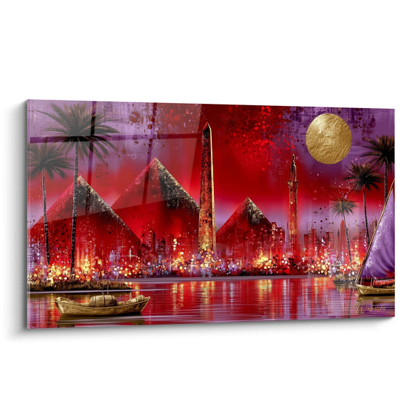 Tableau Obélisque doré rouge et pourpre au clair de lune - Felouques sur le Nil - Edition egypte
