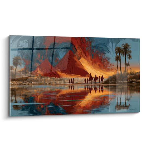 Tableau Pyramides rouges et bleues au bord du Nil - Caravane et palmiers reflétés - Edition egypte