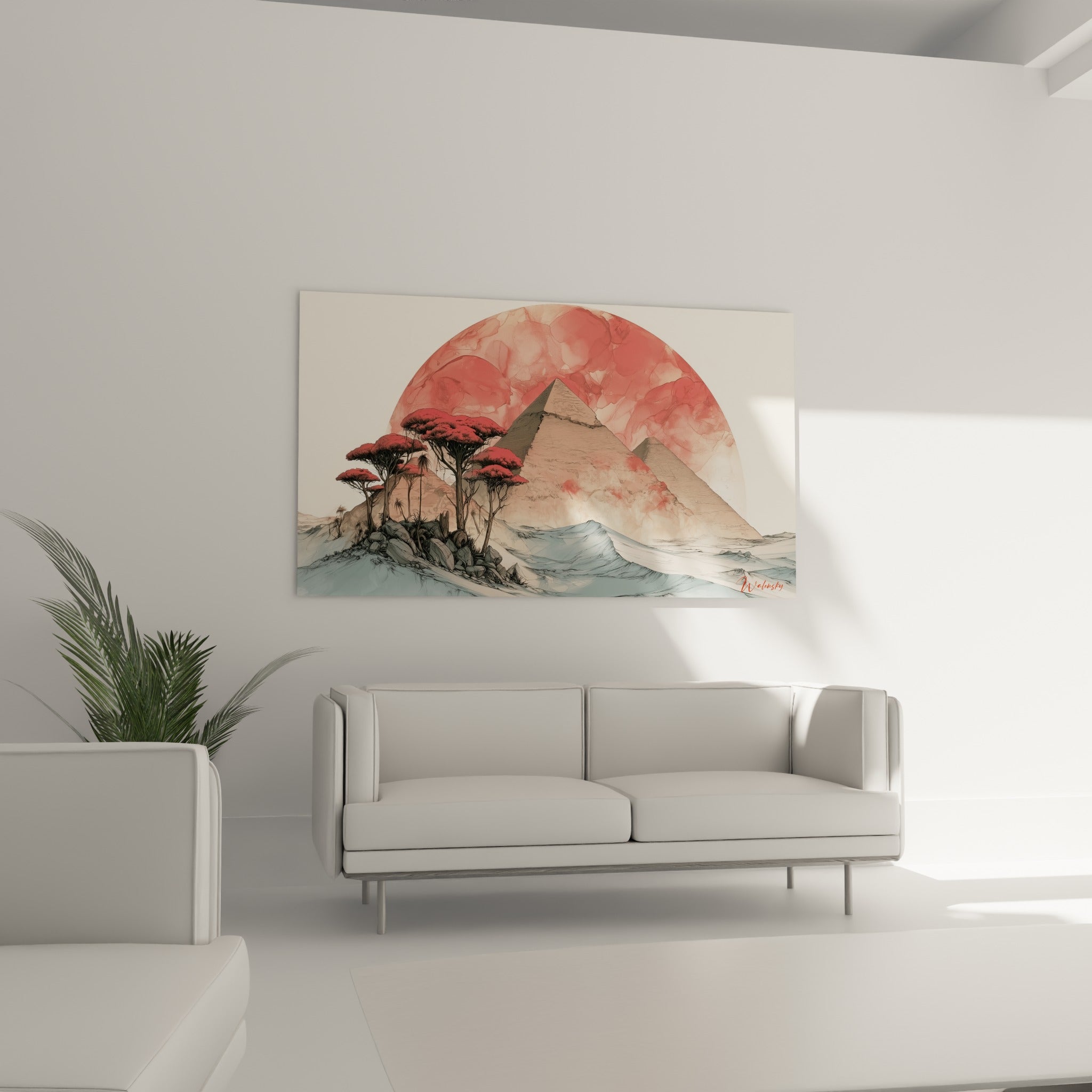 Pyramides égypte beige sous soleil rosé, disposées au-dessus d'un canapé dans un salon lumineux