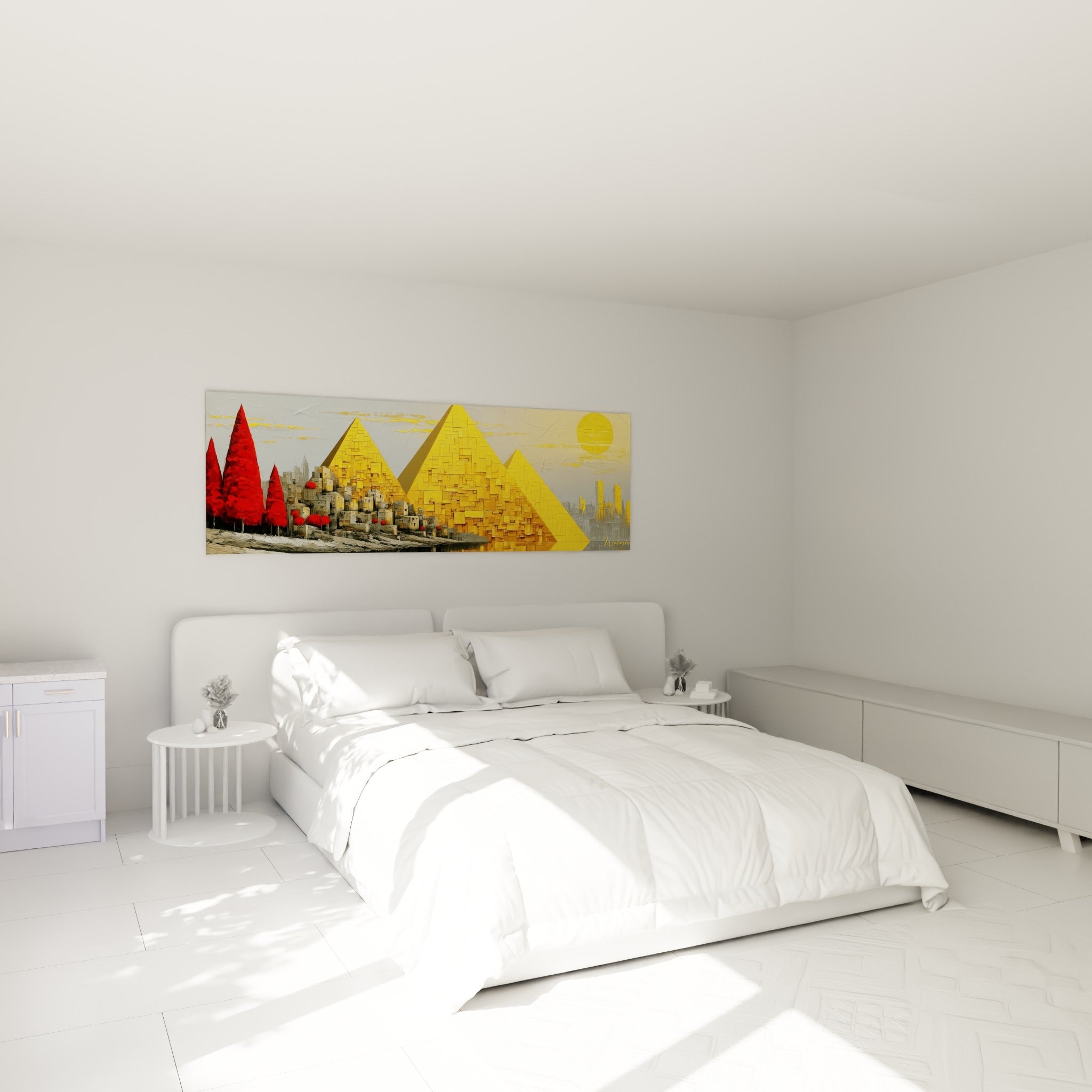 Trois pyramides dorées et silhouettes rouges accrochées au-dessus d'un lit dans une chambre claire