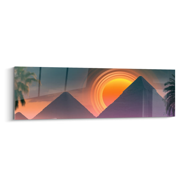 Tableau Pyramides violettes et soleil orangé aux palmiers - Cercles concentriques solaires - Edition egypte