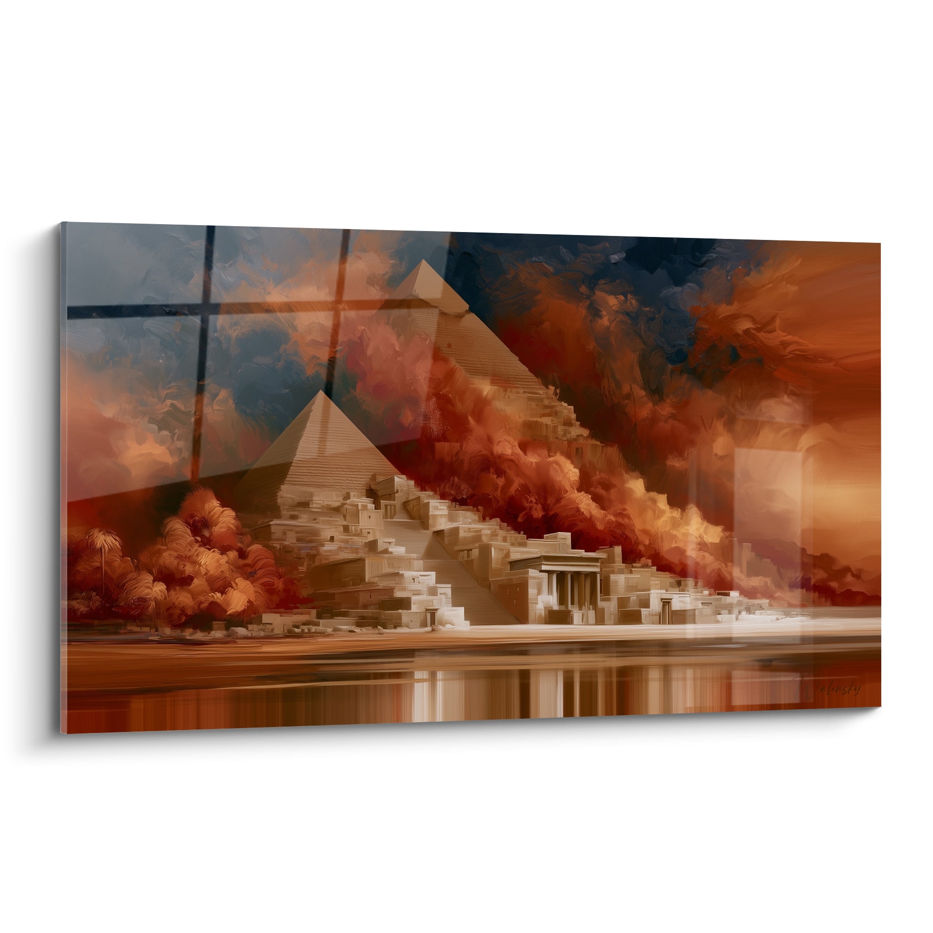 Pyramides égyptiennes ocre et sable cernées d'une tempête bleu marine et terracotta flamboyante