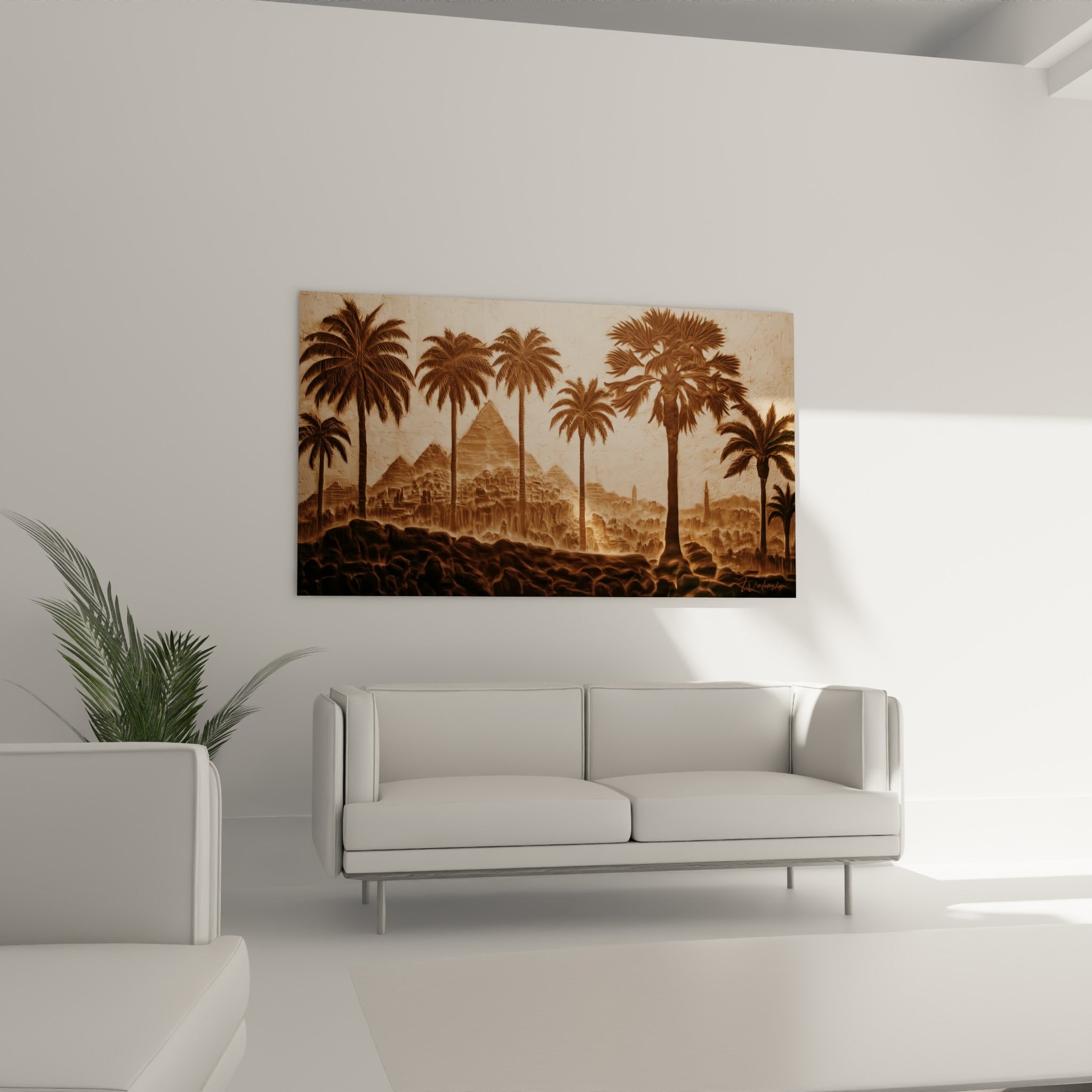 Silhouettes de palmiers égypte terracotta et beige au-dessus d'un canapé dans un salon lumineux