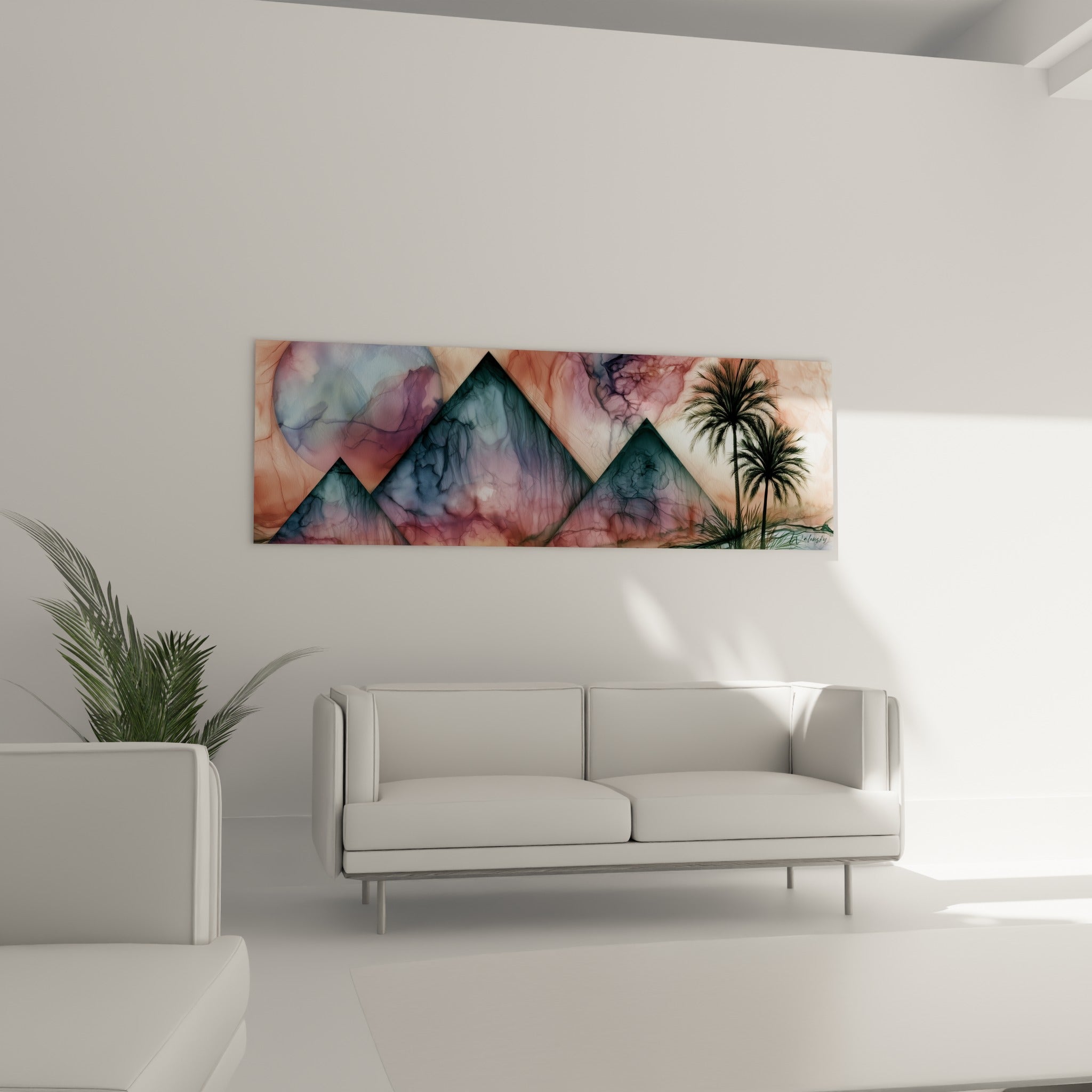 Lune bleutée et pyramides terracotta illuminent la scène désertique au-dessus d'un canapé dans un salon lumineux
