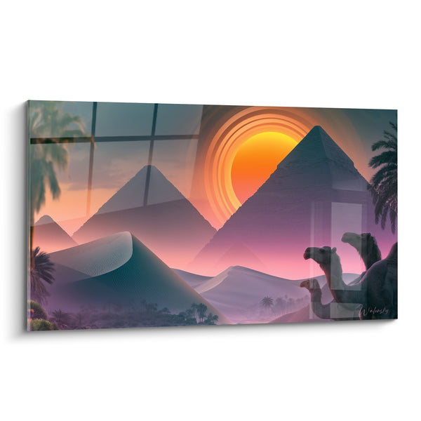 Tableau Pyramides violettes et soleil orangé doré - Crépuscule sur le désert - Edition egypte
