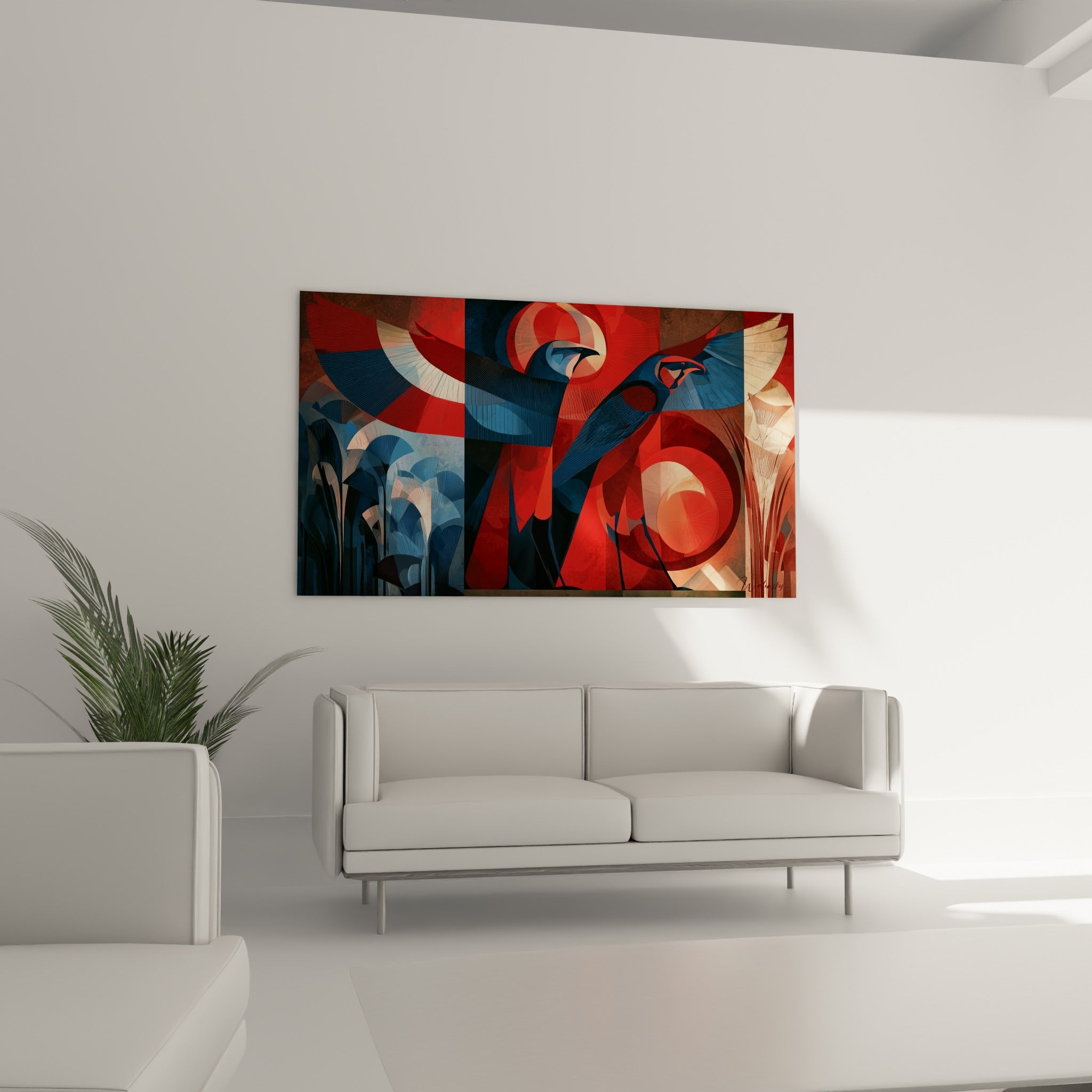 Oiseaux sacrés anthracite et rouge intense positionnés au-dessus d'un canapé dans un salon lumineux