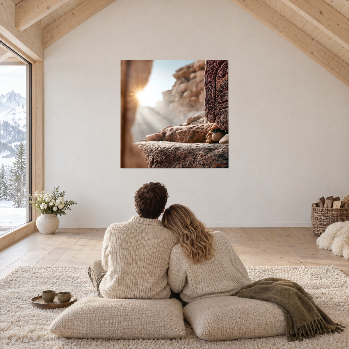 Gemälde eines Morgenschimmers über braunem Steingeröll und goldenem Sand, Paar eng umschlungen von hinten auf Kissen, großer Raum mit Dachschräge aus Holz