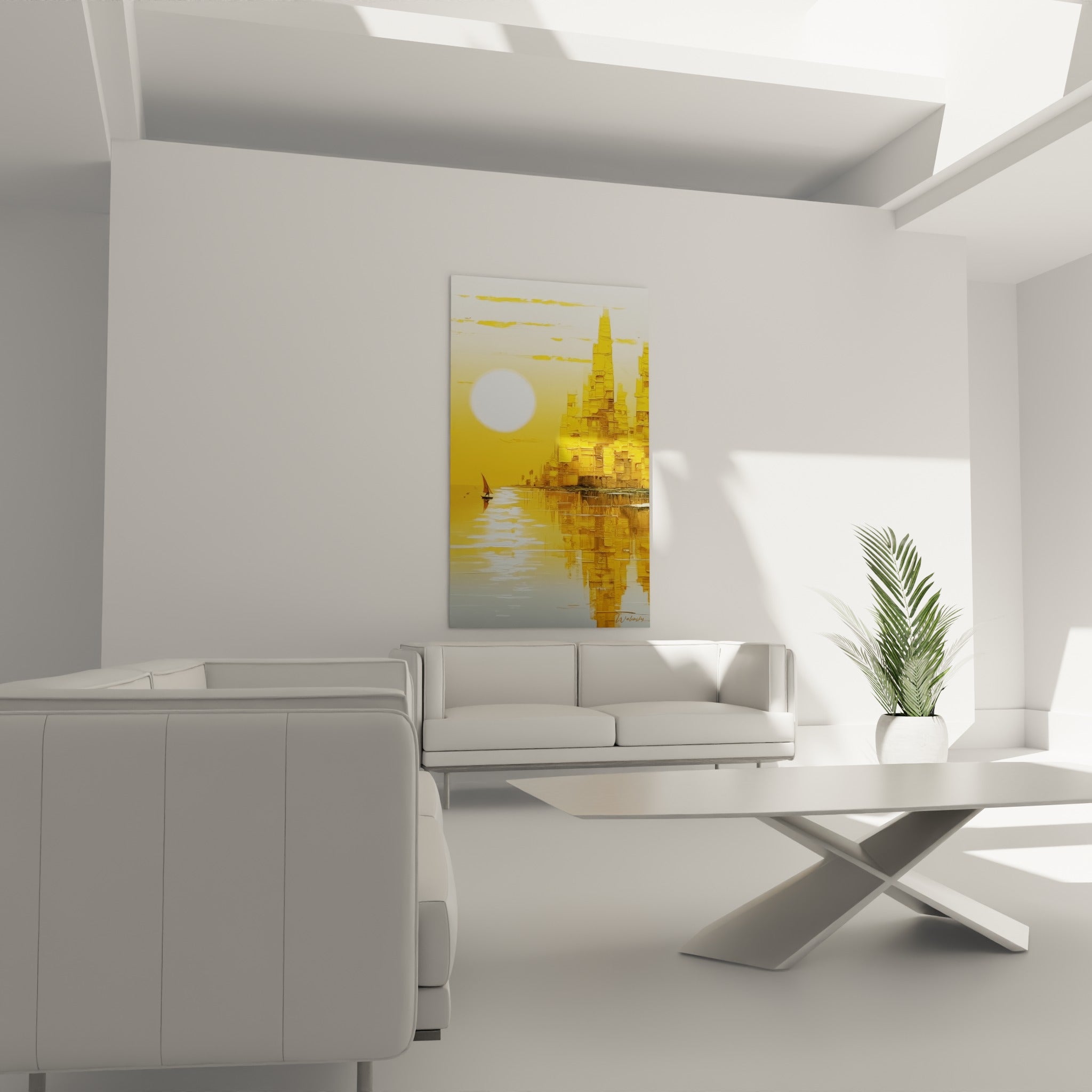 Skyline jaune et grise reflétée sur une eau paisible avec petite embarcation, au-dessus d'un canapé dans un salon lumineux