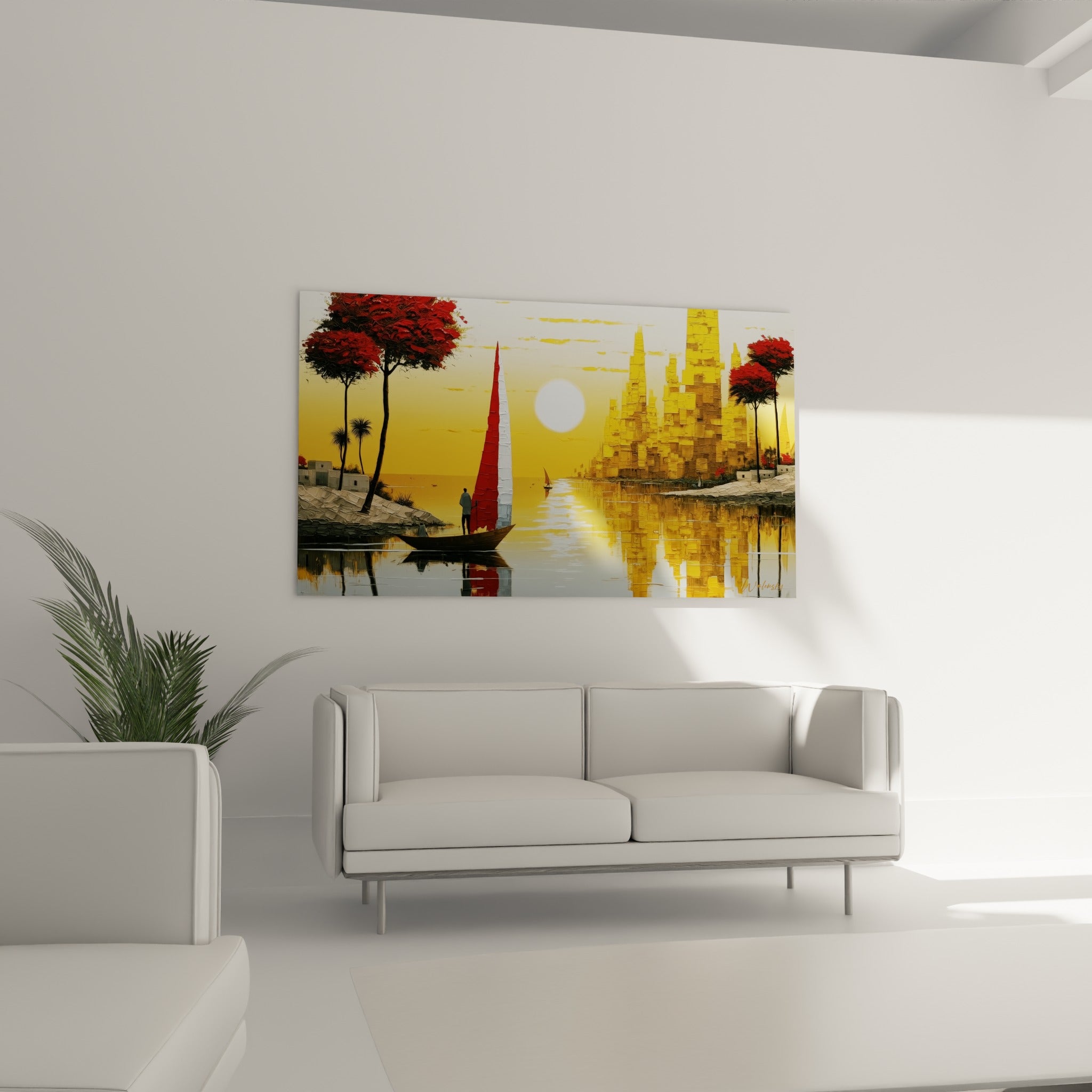 Cité dorée reflétée dans l'eau grise près d'une felouque rouge, tableau égypte au-dessus d'un canapé dans un salon lumineux