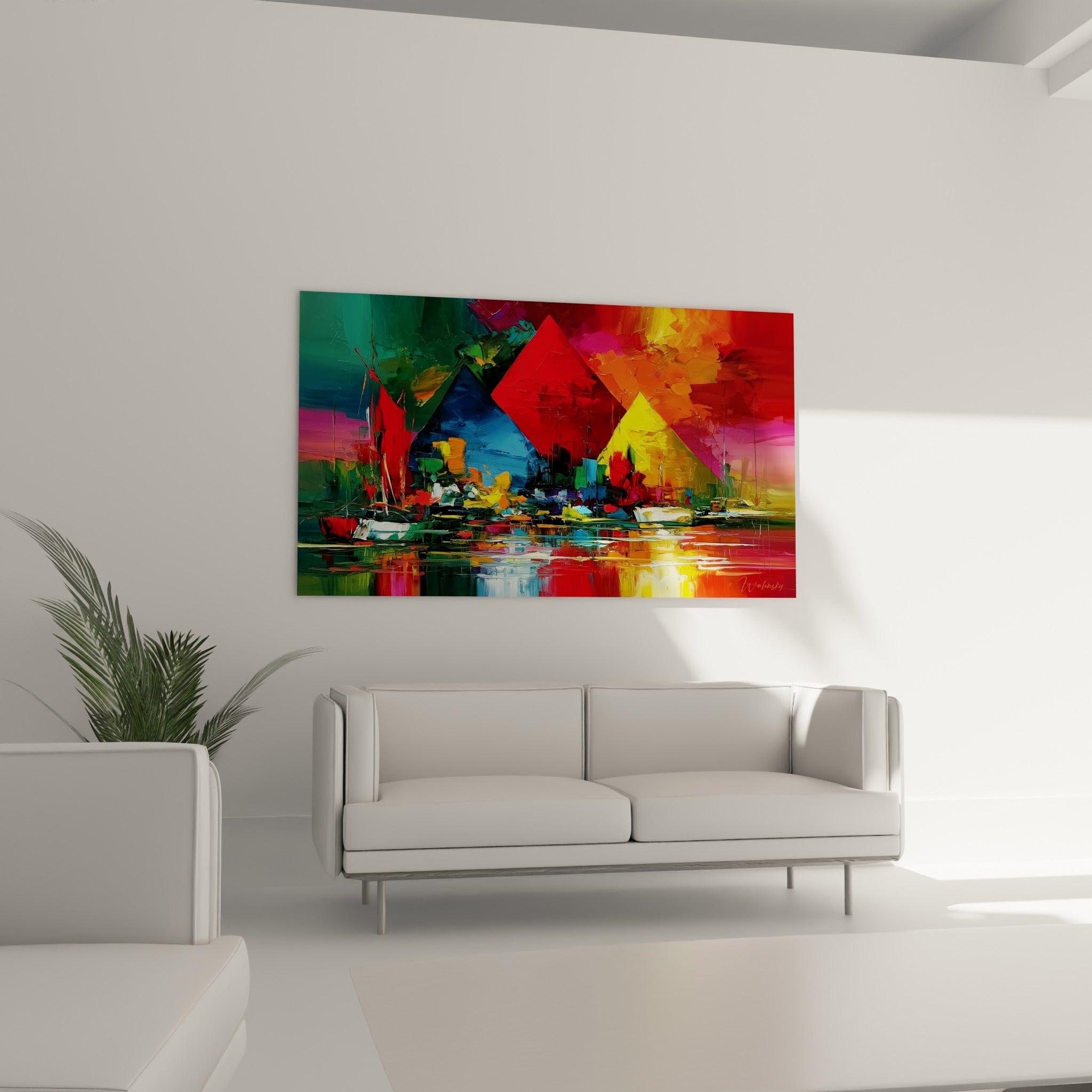 Reflets orangés et bleu marine d'un port abstrait, placés au-dessus d'un canapé dans un salon lumineux