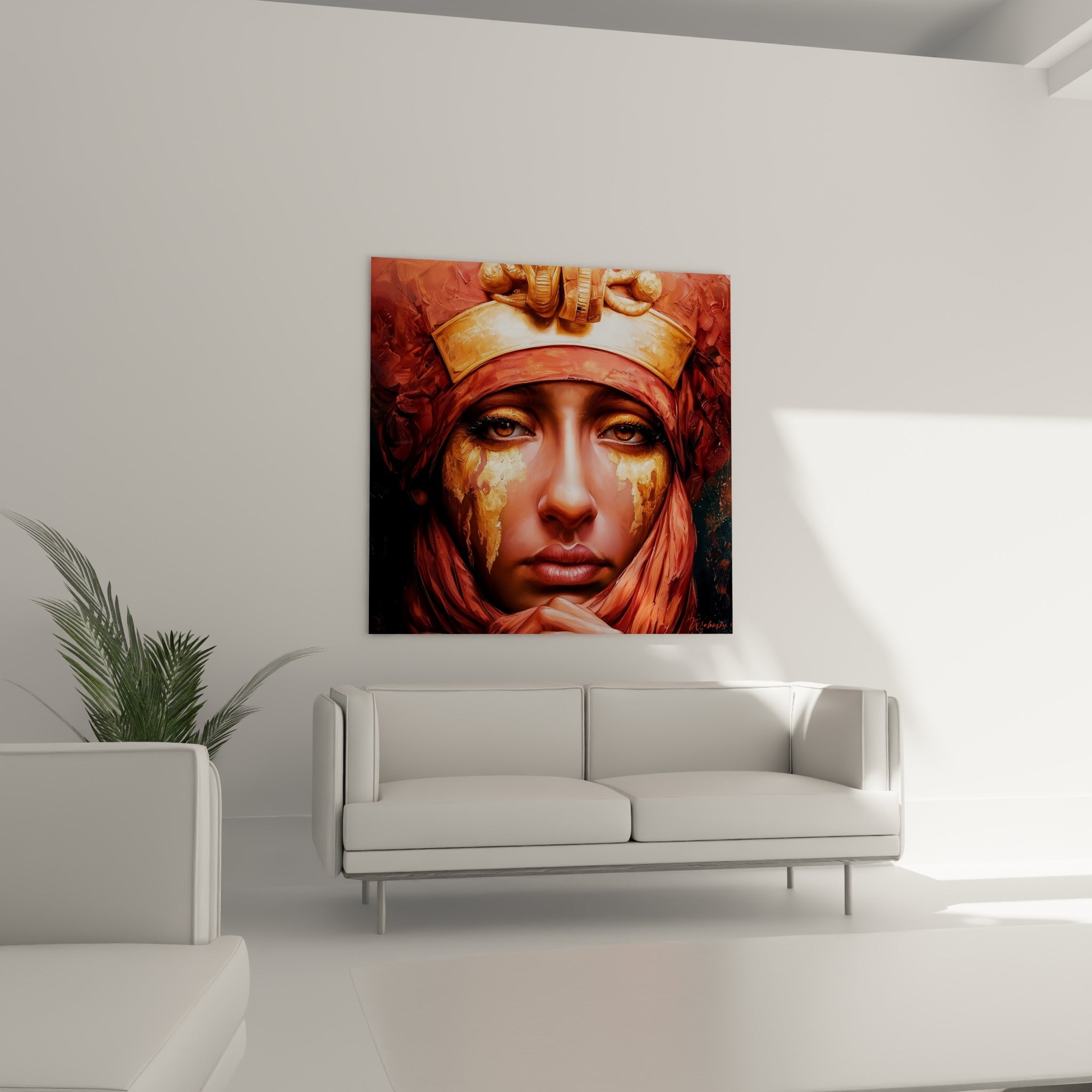 Portrait de reine égyptienne coiffée d'or, tons terracotta et ambrés, au-dessus d'un canapé dans un salon lumineux