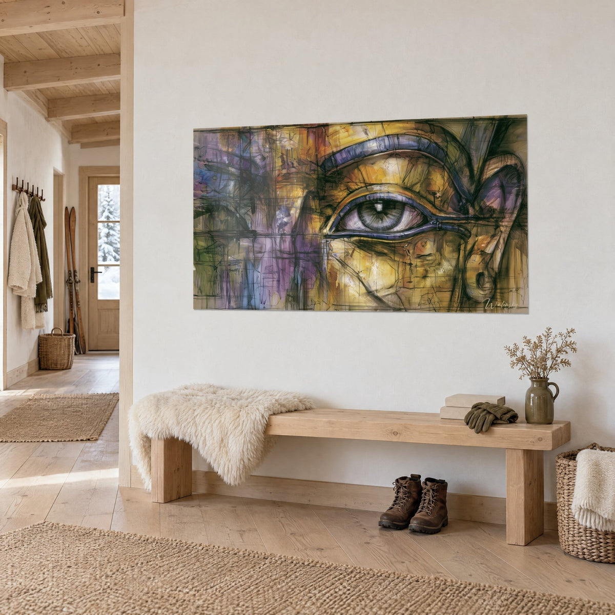 Wall art Egyptian gaze with indigo eyelids, black craquelure on yellow and mauve, hung above a wooden bench in a chalet