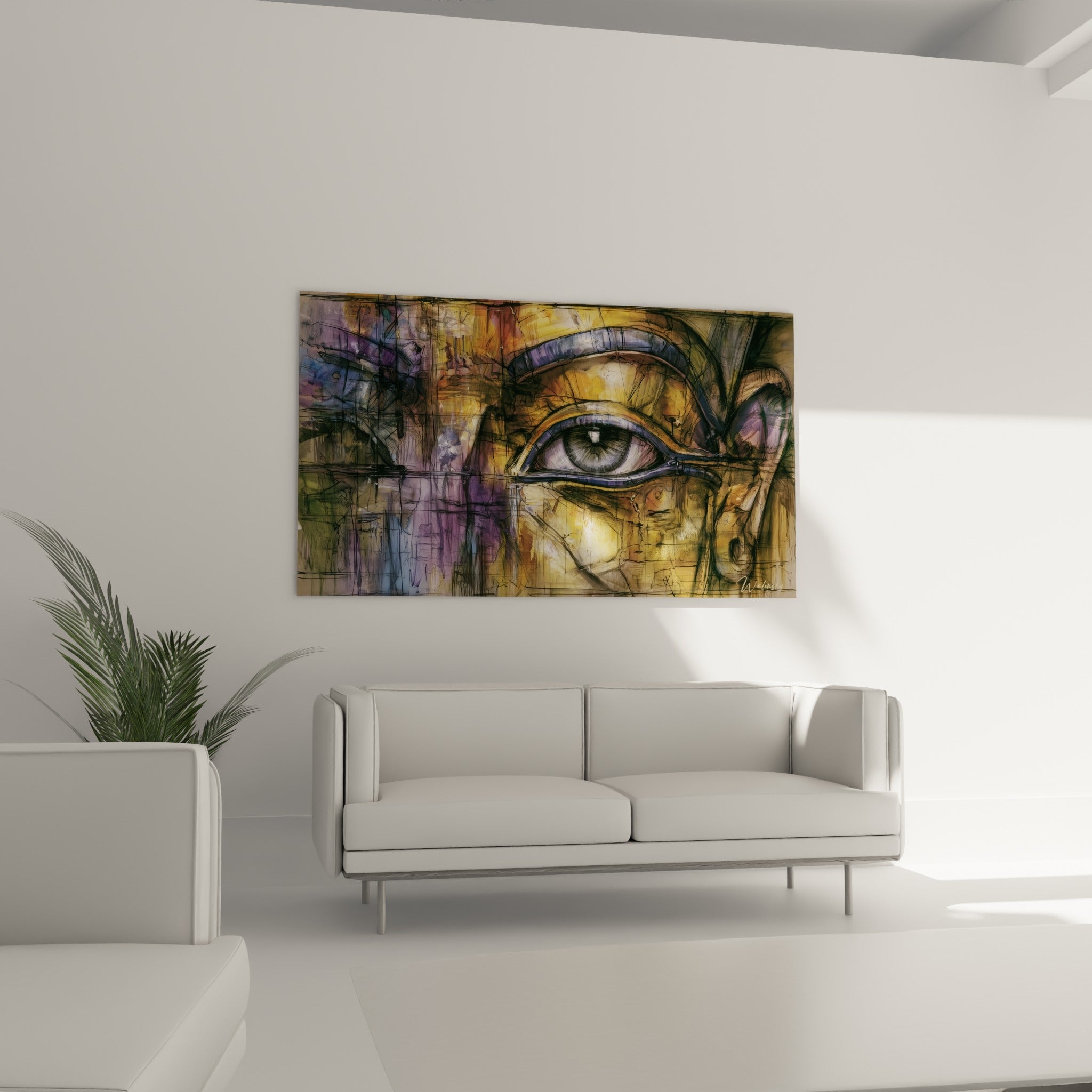 Motif de l'œil sacré ocre et anthracite disposé au-dessus d'un canapé dans un salon lumineux
