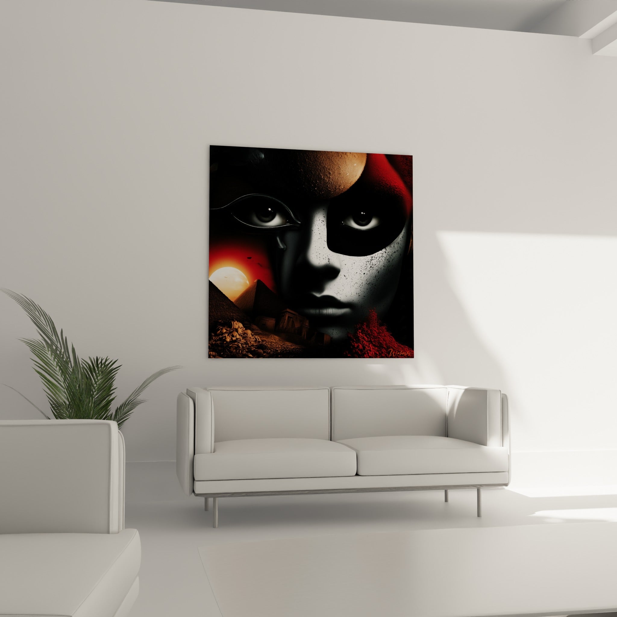 Regard sombre et crépuscule fauve caractérisent ce tableau égypte placé au-dessus d'un canapé dans un salon lumineux