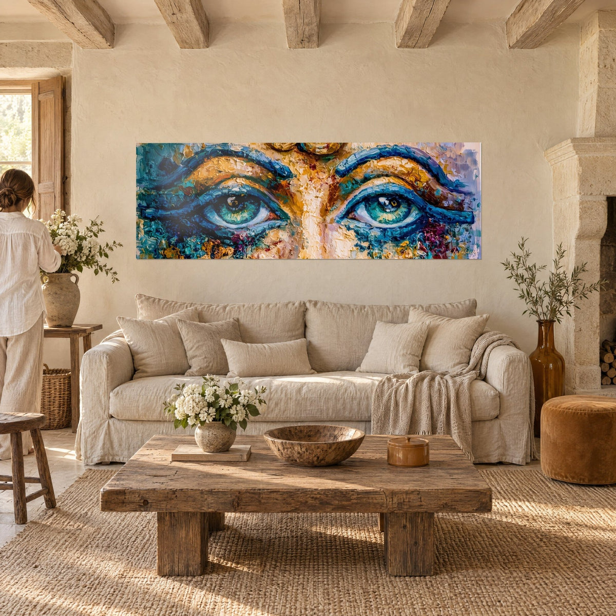 Gemälde Pharaonenblick mit türkisfarbenen Lidern und geschwungenen goldenen Augenbrauen, zwei Personen von hinten, über einem Sofa in einem hellen Wohnzimmer
