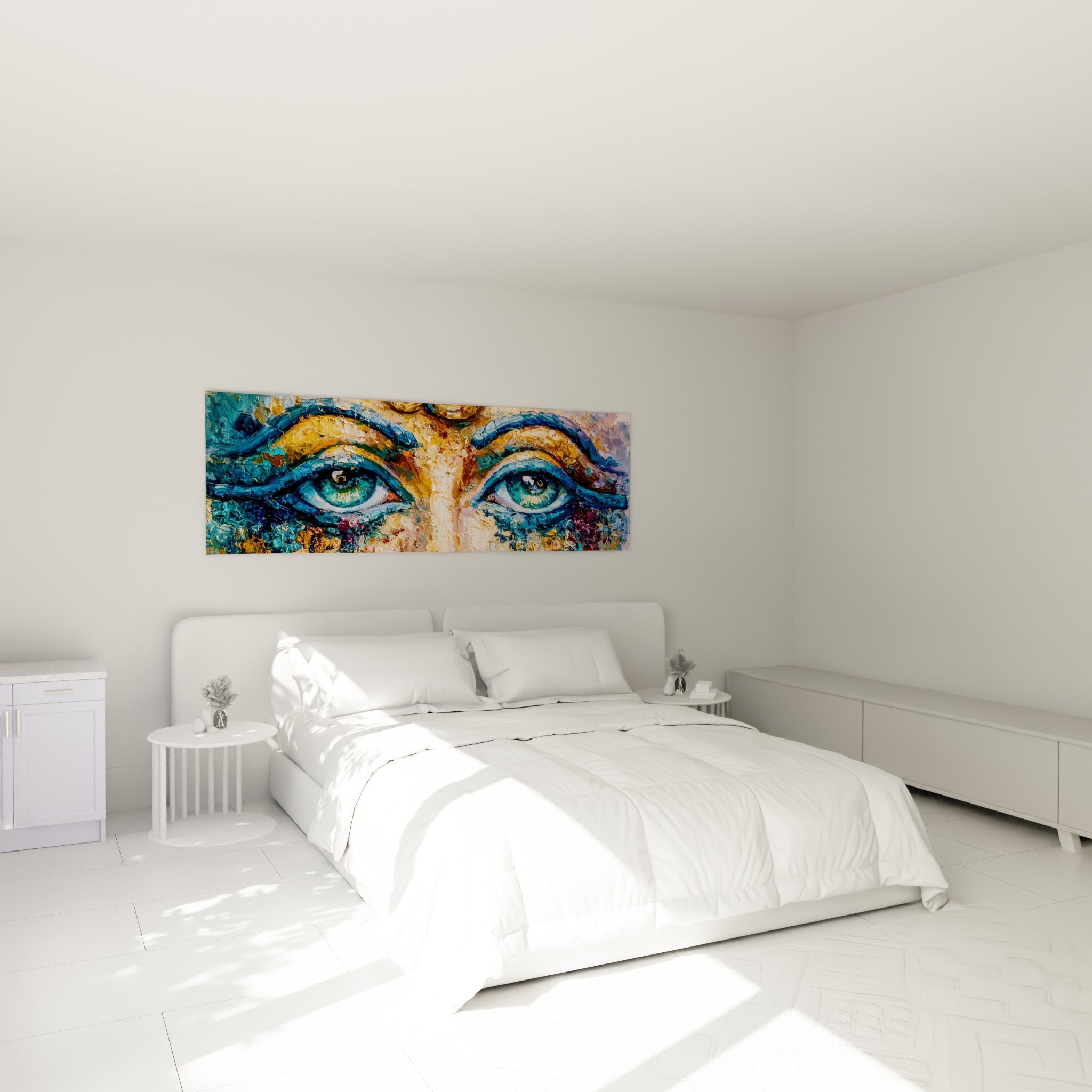 Regard antique turquoise et bordeaux au-dessus d'un lit dans une chambre claire