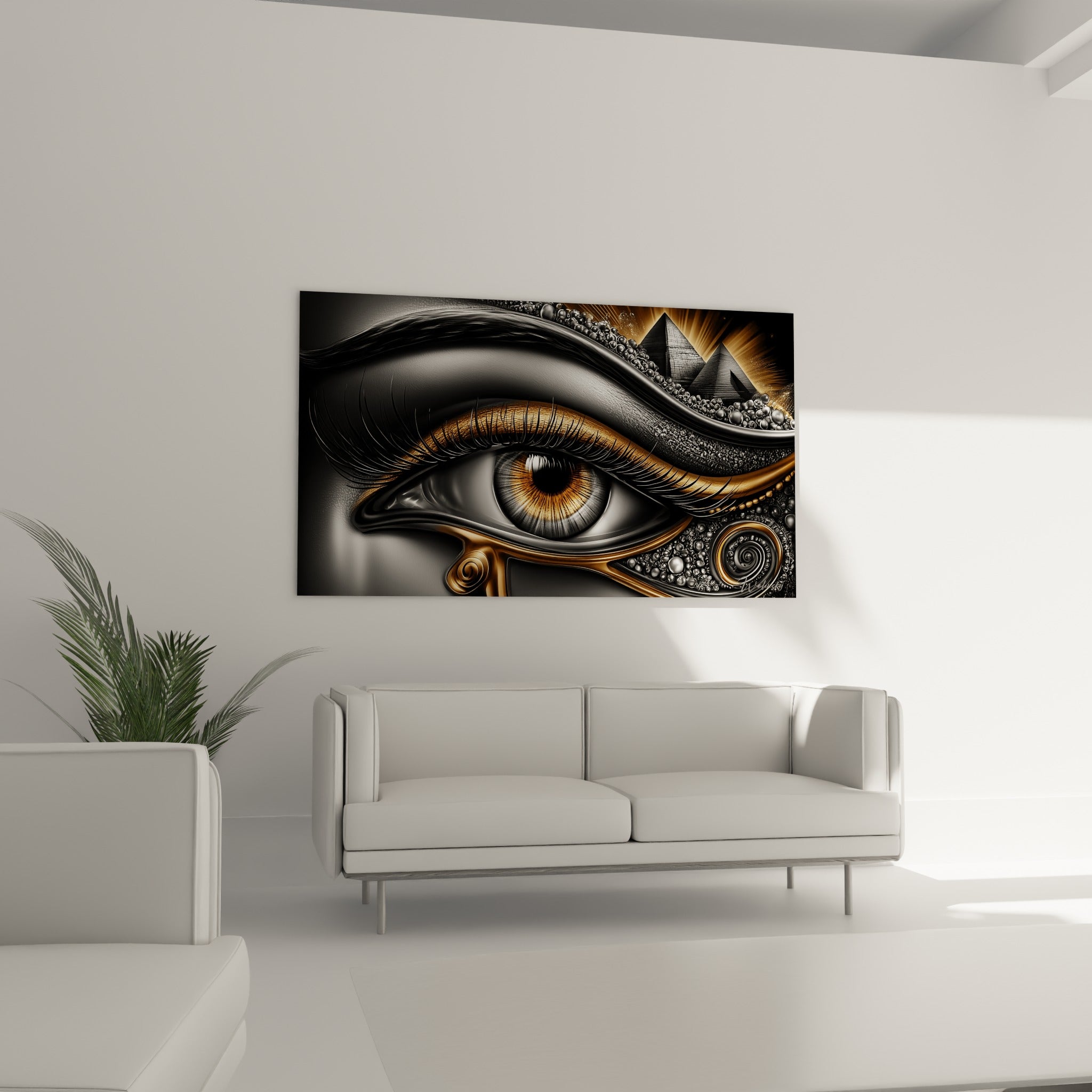 Regard hypnotique anthracite et cuivré orné de pyramides, au-dessus d'un canapé dans un salon lumineux