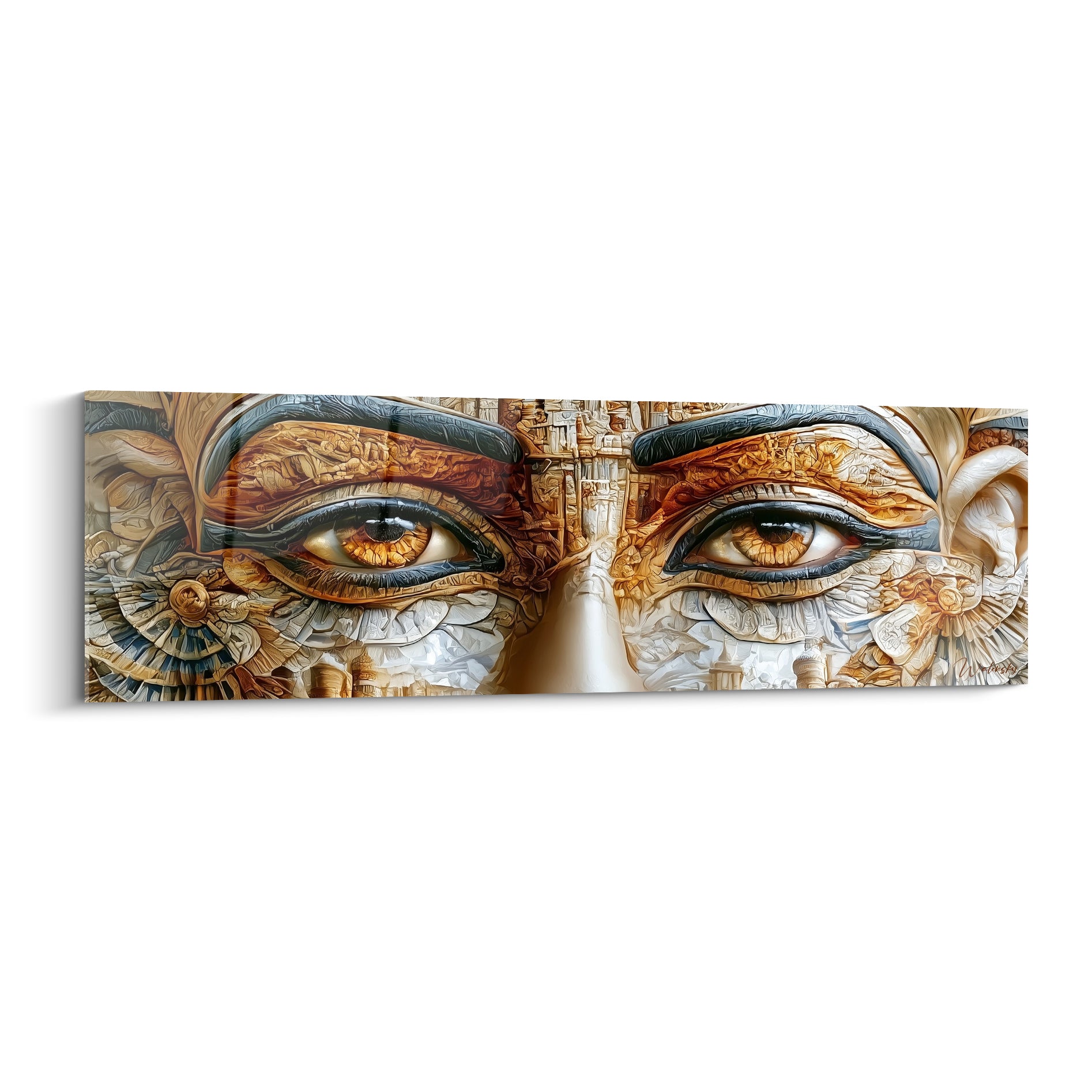 Regard égyptien doré aux paupières anthracite, yeux perçants gravés de motifs ocre détaillés