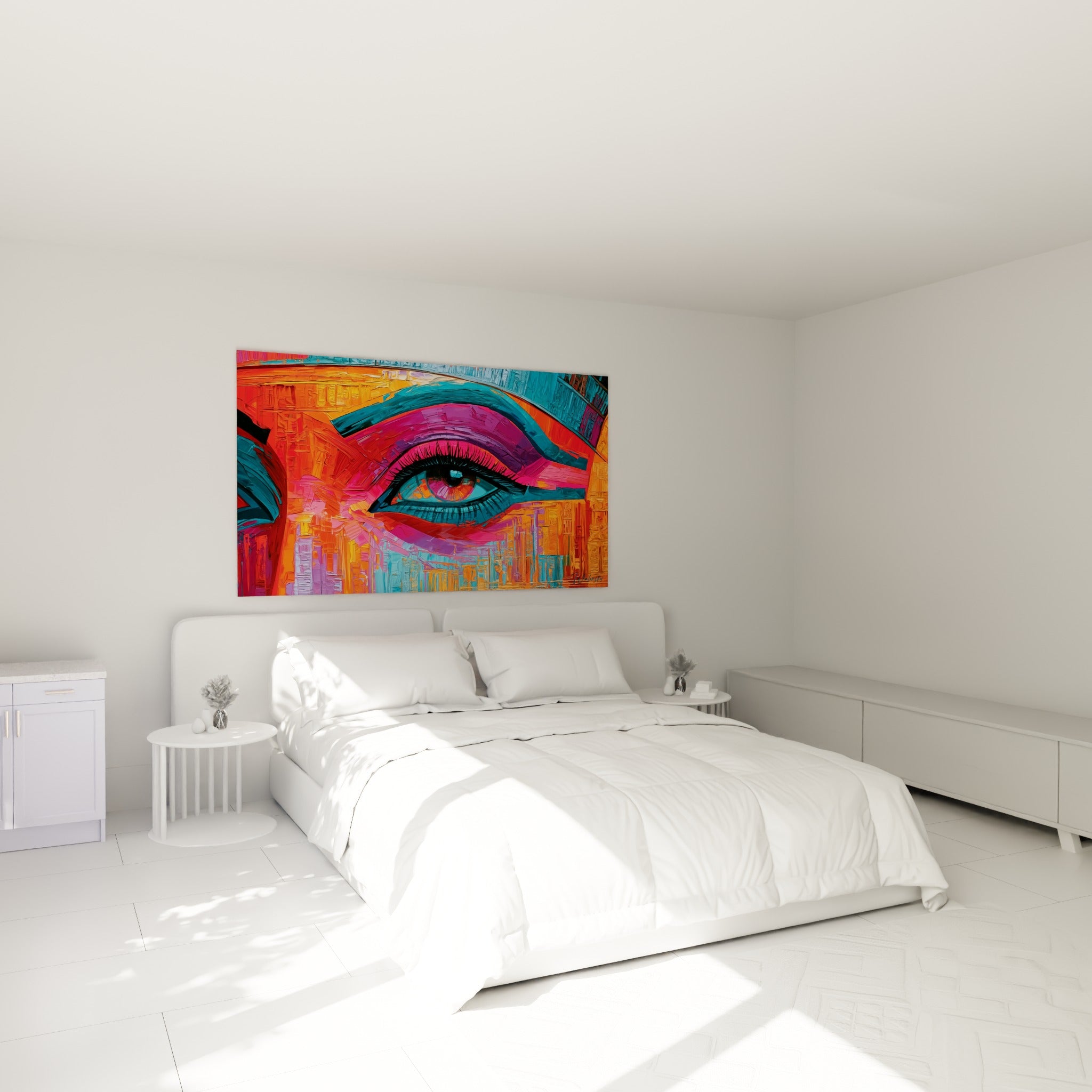 Regard antique orange et fuchsia accroché au-dessus d'un lit dans une chambre claire