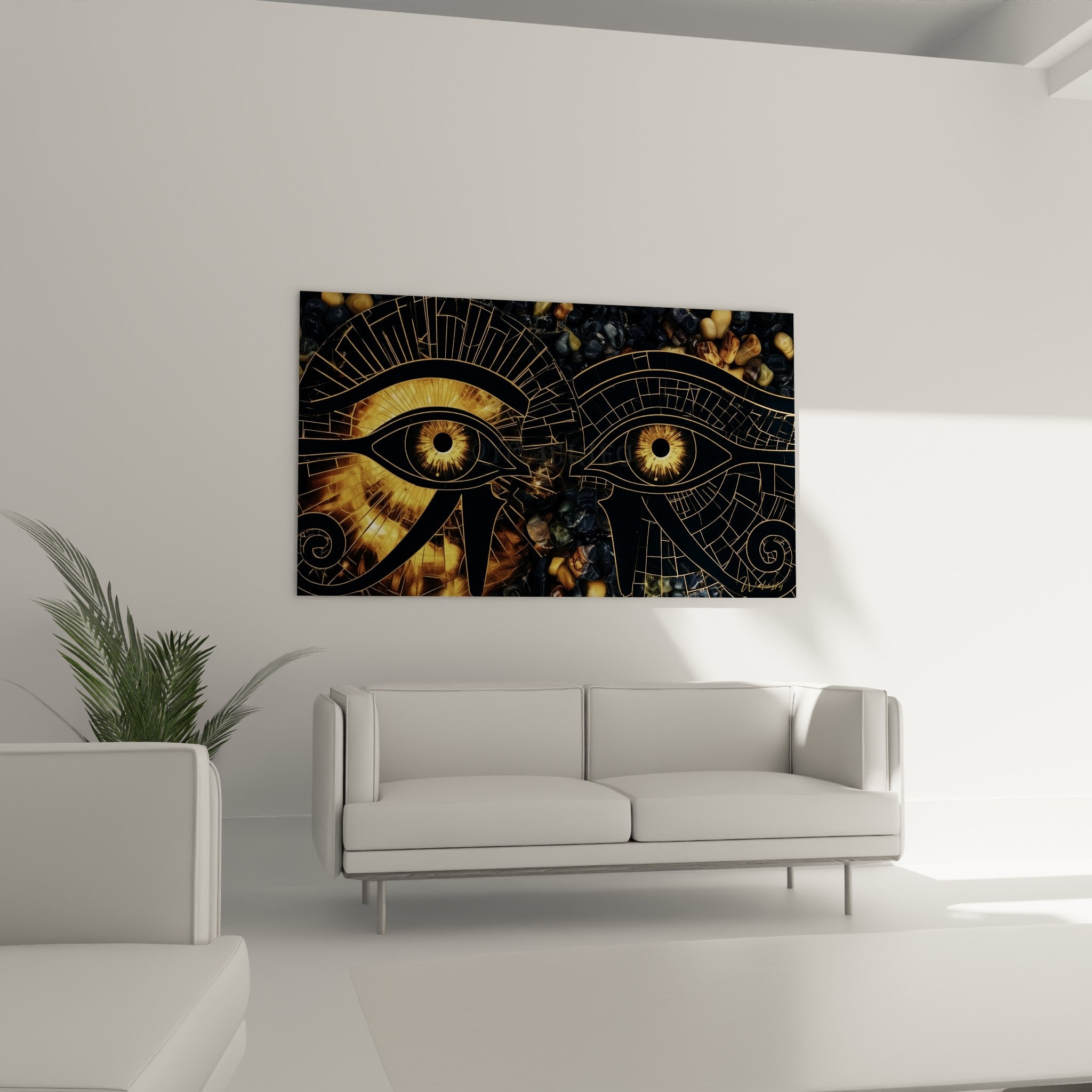 Motif ancestral doré et anthracite du regard d'Horus au-dessus d'un canapé dans un salon lumineux