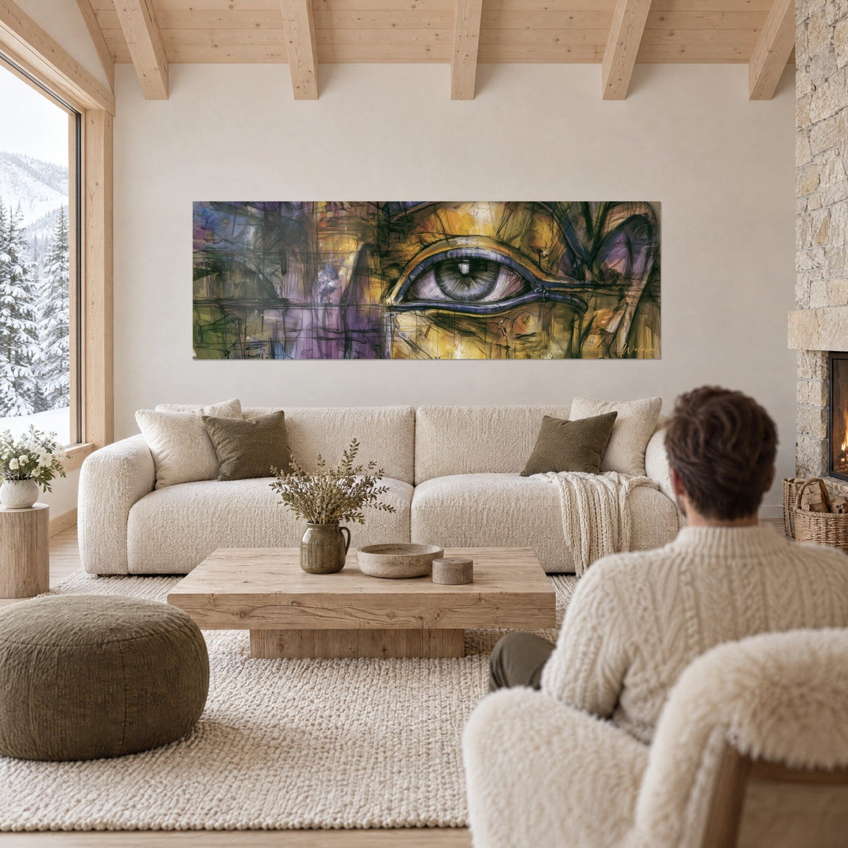Schilderij Oog van Horus met violette contouren op goudokerkleurige achtergrond, bekeken door een man van achteren, boven een bank in een lichte woonkamer