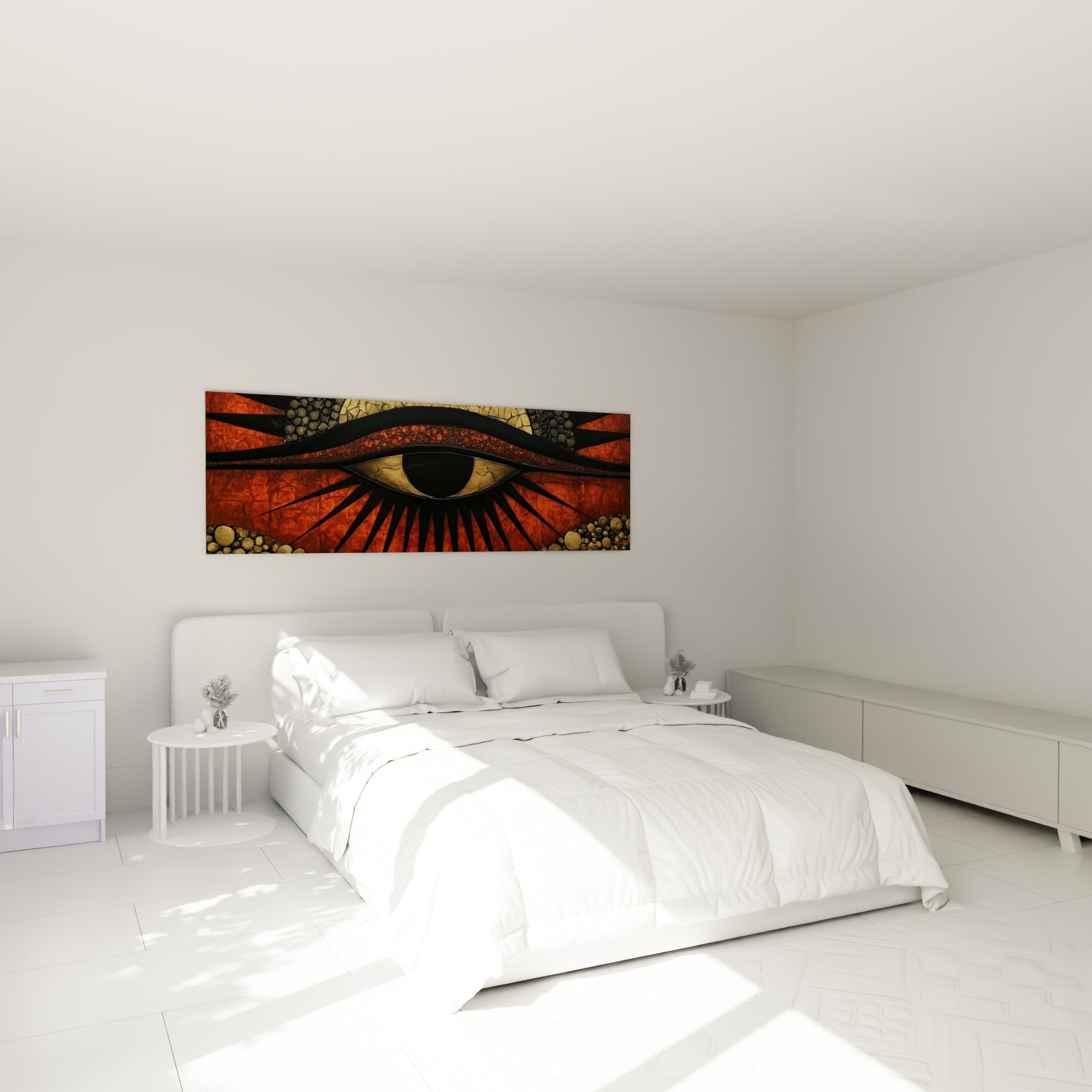 Regard protecteur de l'œil d'Horus ocre et anthracite, au-dessus d'un lit dans une chambre claire