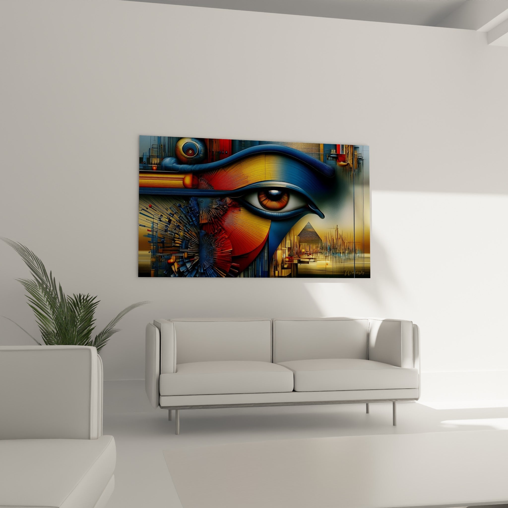 Regard d'Horus stylisé aux teintes rouge et or, au-dessus d'un canapé dans un salon lumineux