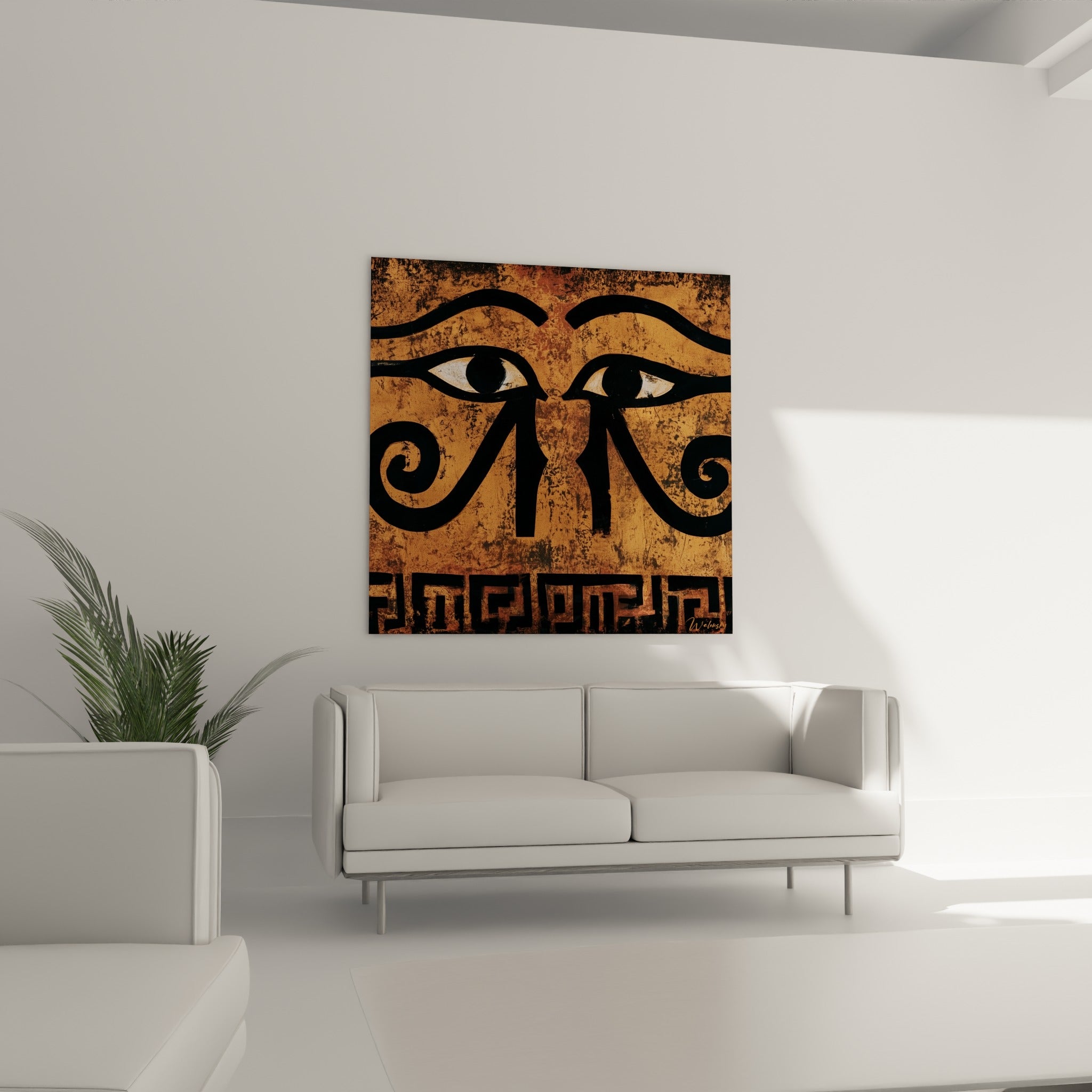 Regard d'Horus stylisé en noir profond et ocre rouille, au-dessus d'un canapé dans un salon lumineux