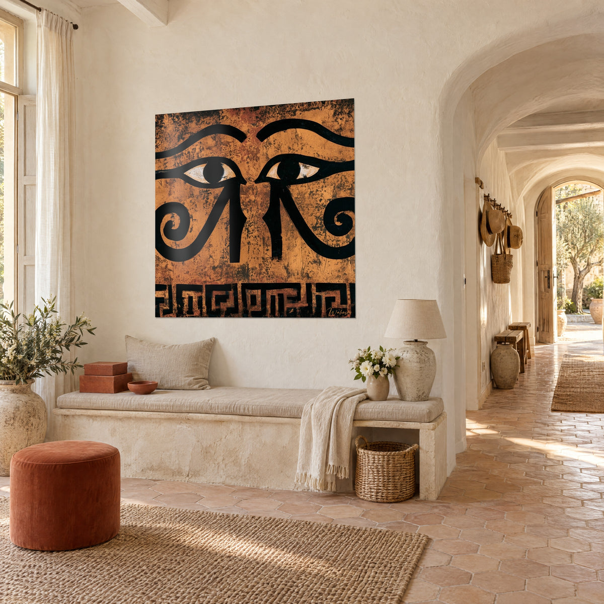 Wall art Egyptian eyes facing each other, thick black strokes on rusty orange patina, Greek key frieze, seen at three-quarter view in a vaulted corridor
