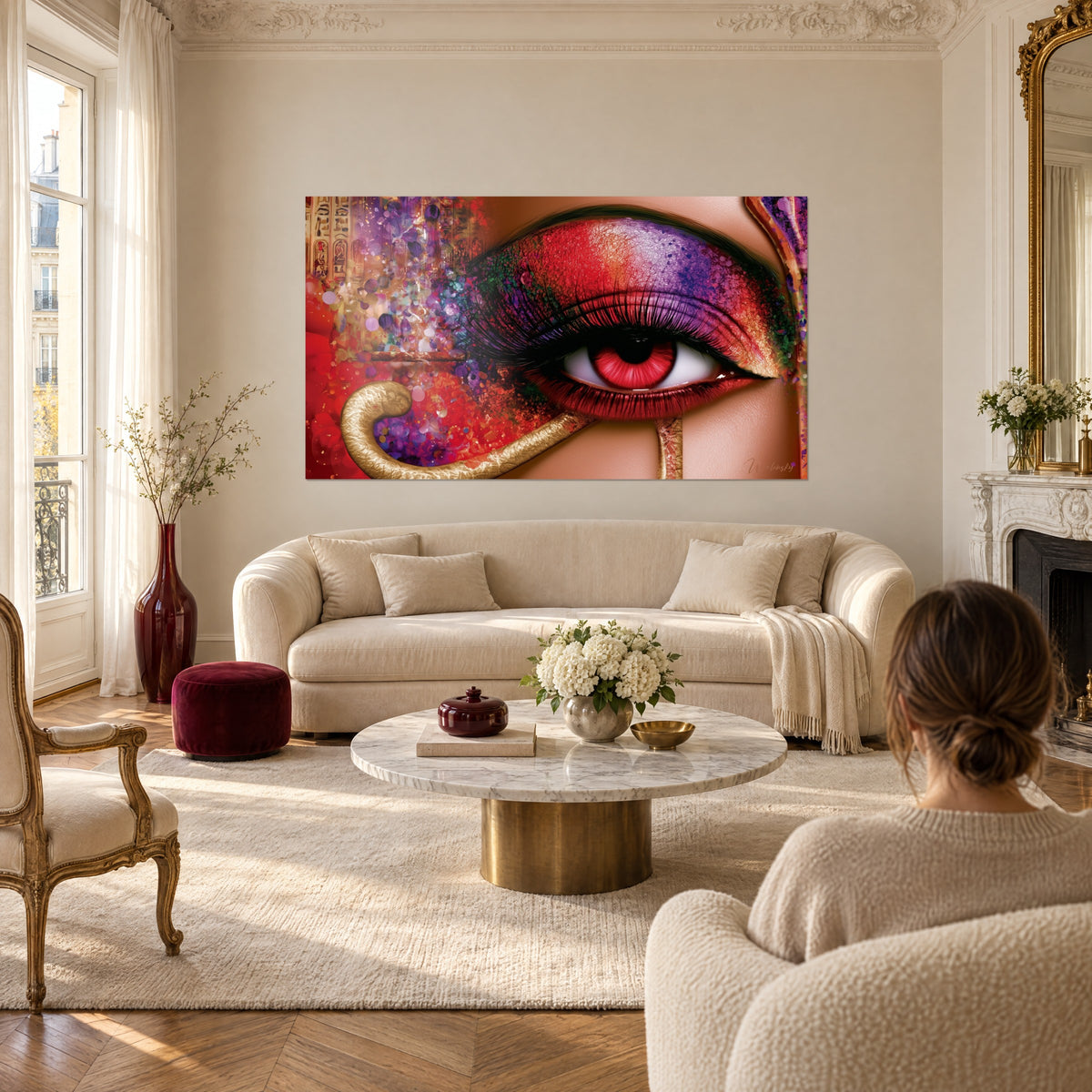 Wall art Eye of Horus with oversized lashes, red iris, violet and purple eyeshadow, golden spiral, above a sofa in a bright living room