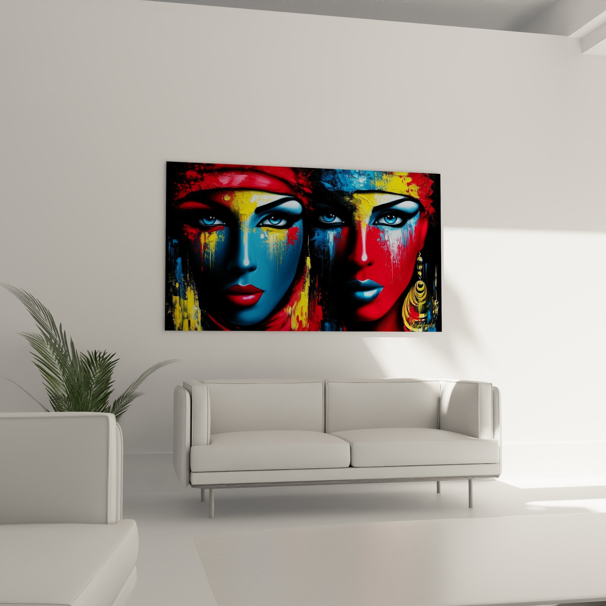 Portraits égyptiens aux teintes bleu et rouge dorées, suspendus au-dessus d'un canapé dans un salon lumineux