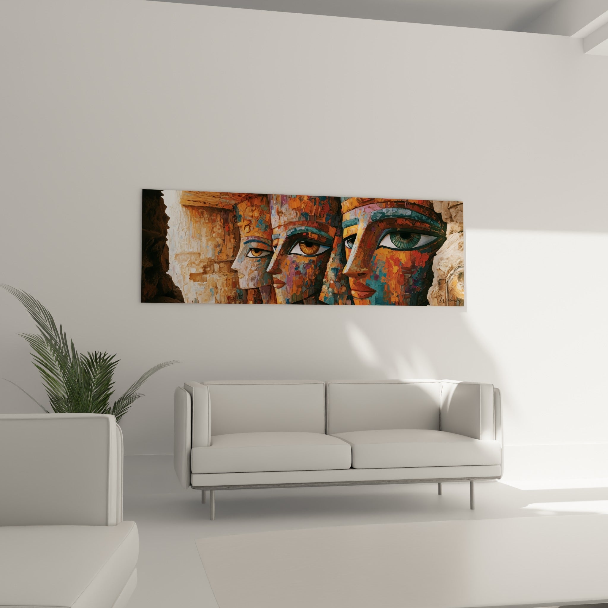 Regards antiques peints en ocre et turquoise au-dessus d'un canapé dans un salon lumineux