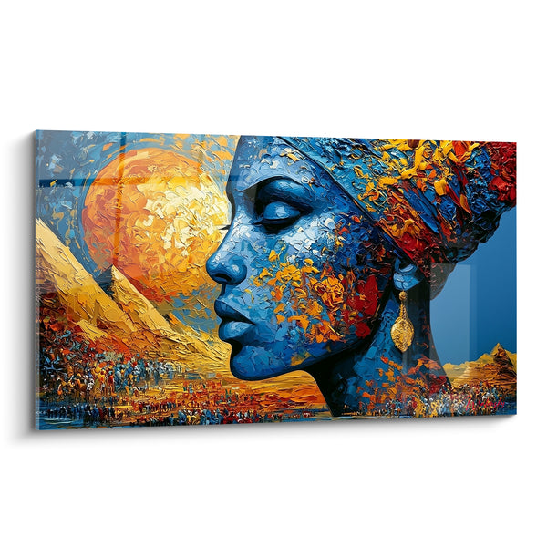 Tableau Profil féminin bleu et orangé au soleil ardent - Boucle d'oreille dorée - Edition egypte