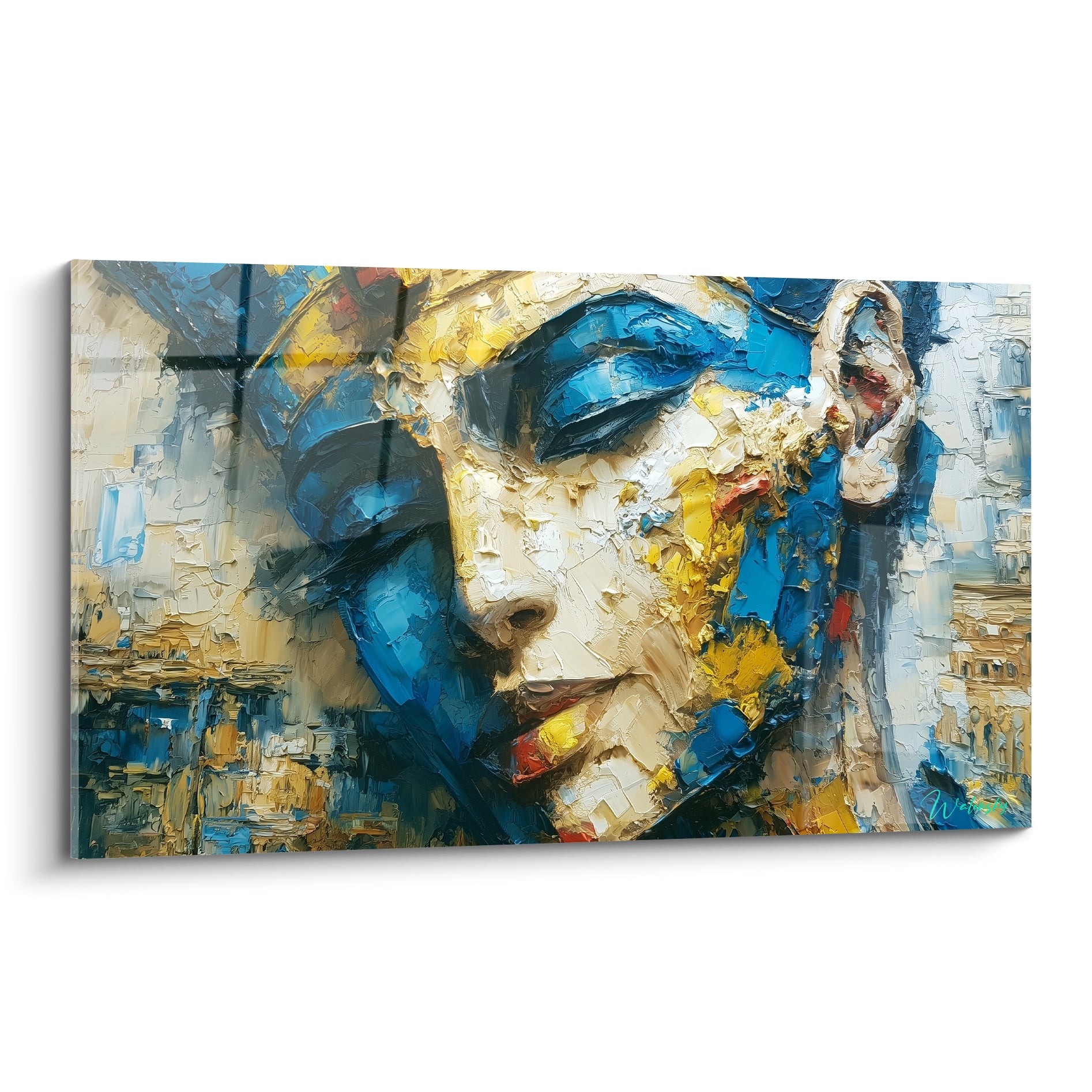 Reine égyptienne aux yeux clos, peinture texturée bleu marine et doré au couteau