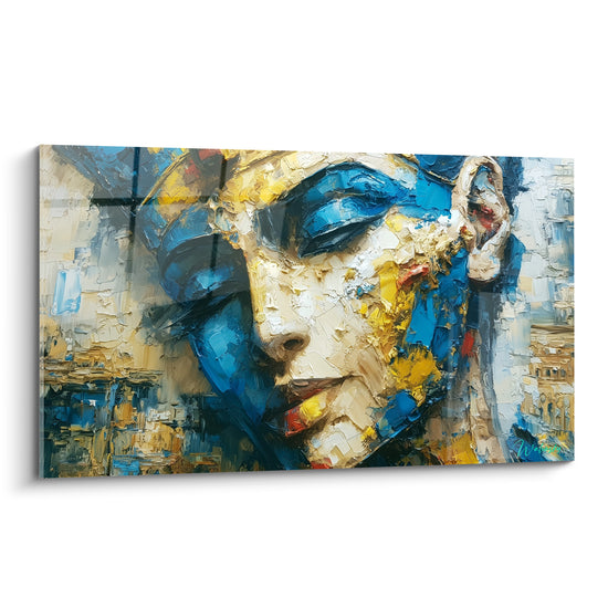 Reine égyptienne aux yeux clos, peinture texturée bleu marine et doré au couteau