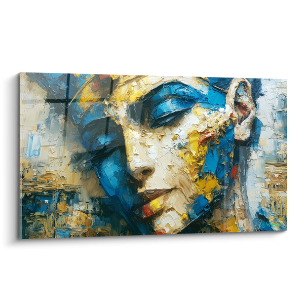 Tableau Visage bleu et jaune aux paupières closes - Boucle d'oreille beige - Edition egypte