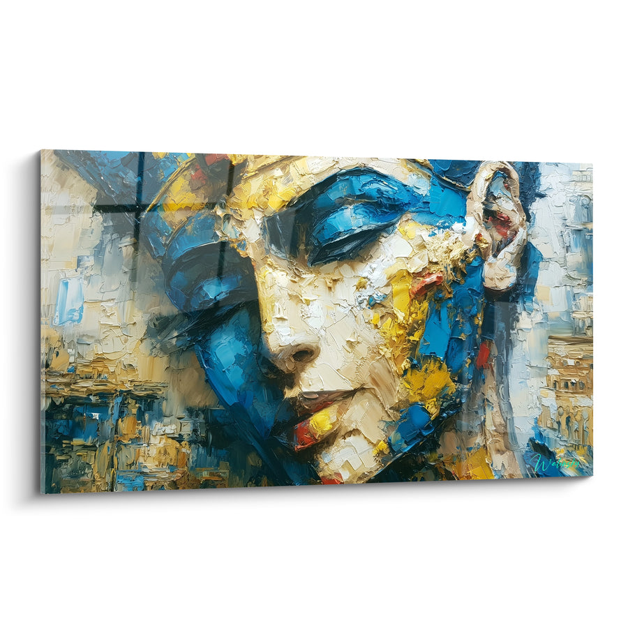 Tableau Visage bleu et jaune aux paupières closes - Boucle d'oreille beige - Edition egypte