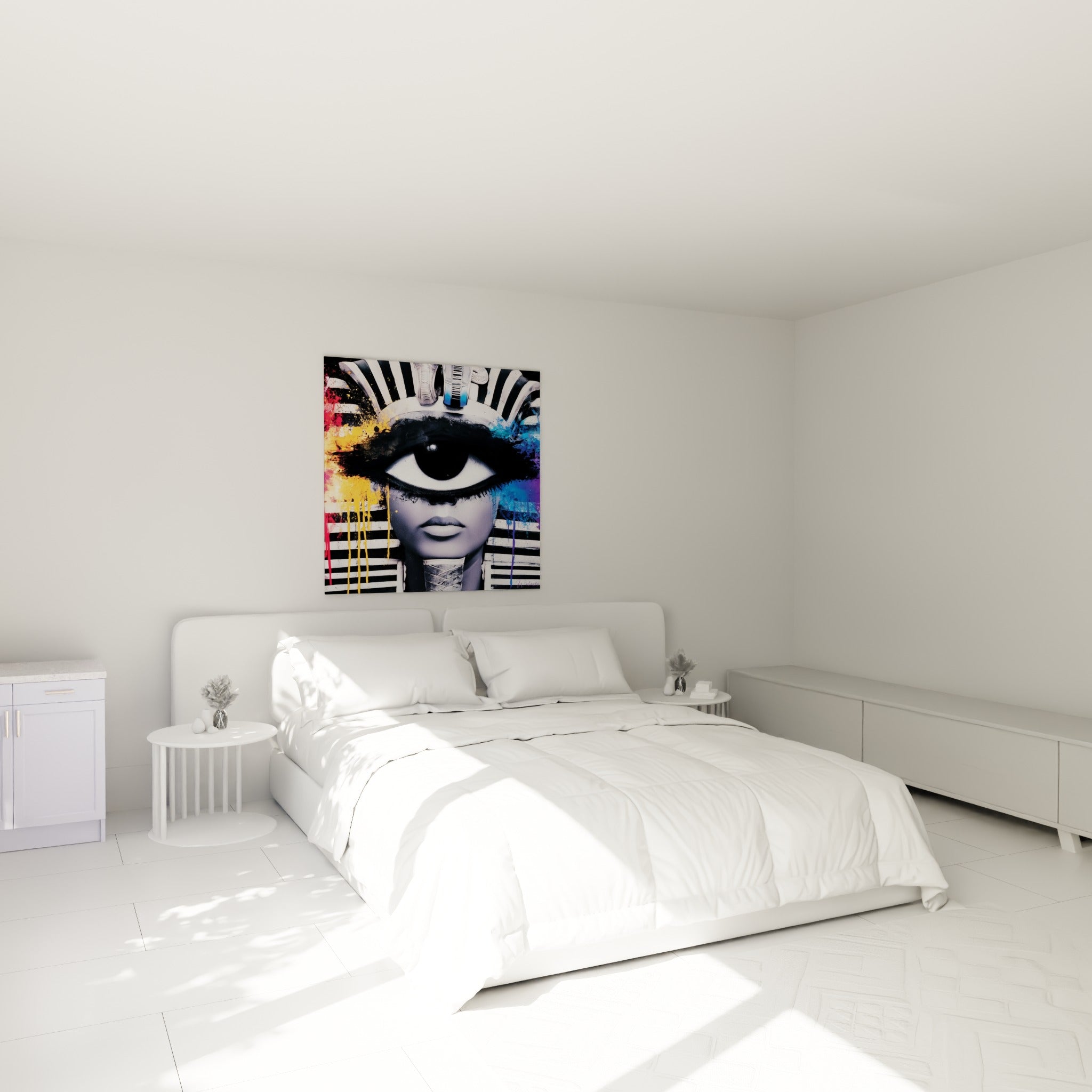 Reine égyptienne en noir et blanc traversée de coulures orange, au-dessus d'un lit dans une chambre claire