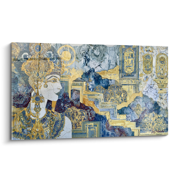 Tableau Reine égyptienne dorée et bleue aux cartouches gravés - Diadème ciselé complexe - Edition egypte
