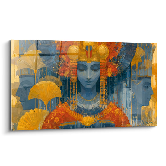Reine égyptienne au visage bleu et coiffe dorée, parure orange, style pictural texturé