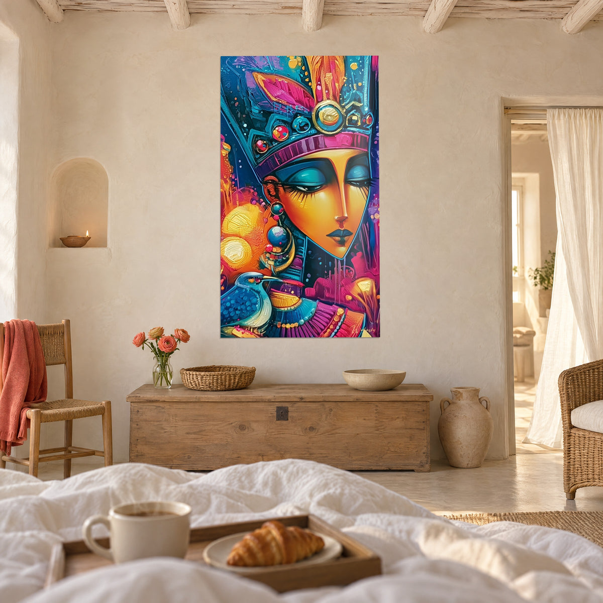 Schilderij van een Nijlheerseres met donkere wimpers, blauwe parelen oorbel, oranje en roze achtergrond, boven een bed in een lichte slaapkamer
