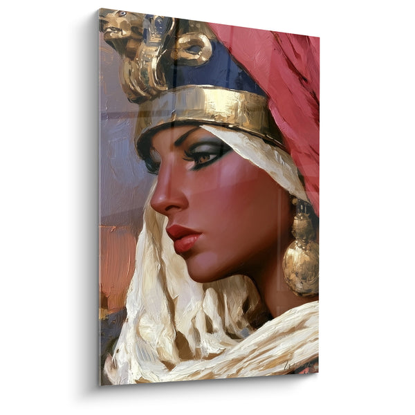 Tableau Reine égyptienne dorée et corail au voile blanc - Boucles d'oreilles cobra - Edition egypte
