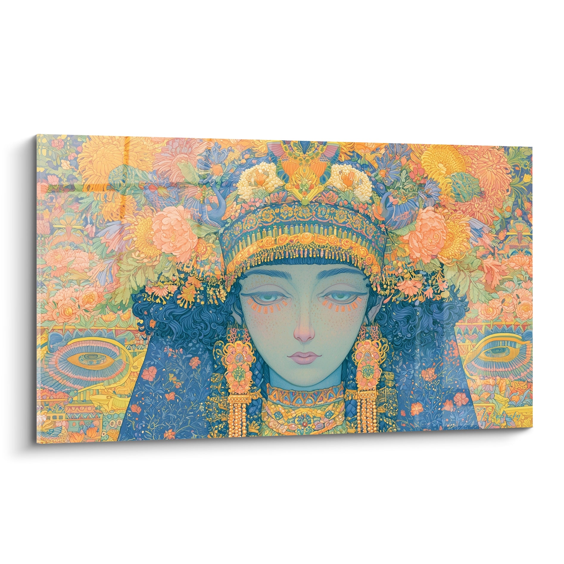 Reine égyptienne au visage vert pâle, coiffe bleu marine et dorée entourée de fleurs ocre