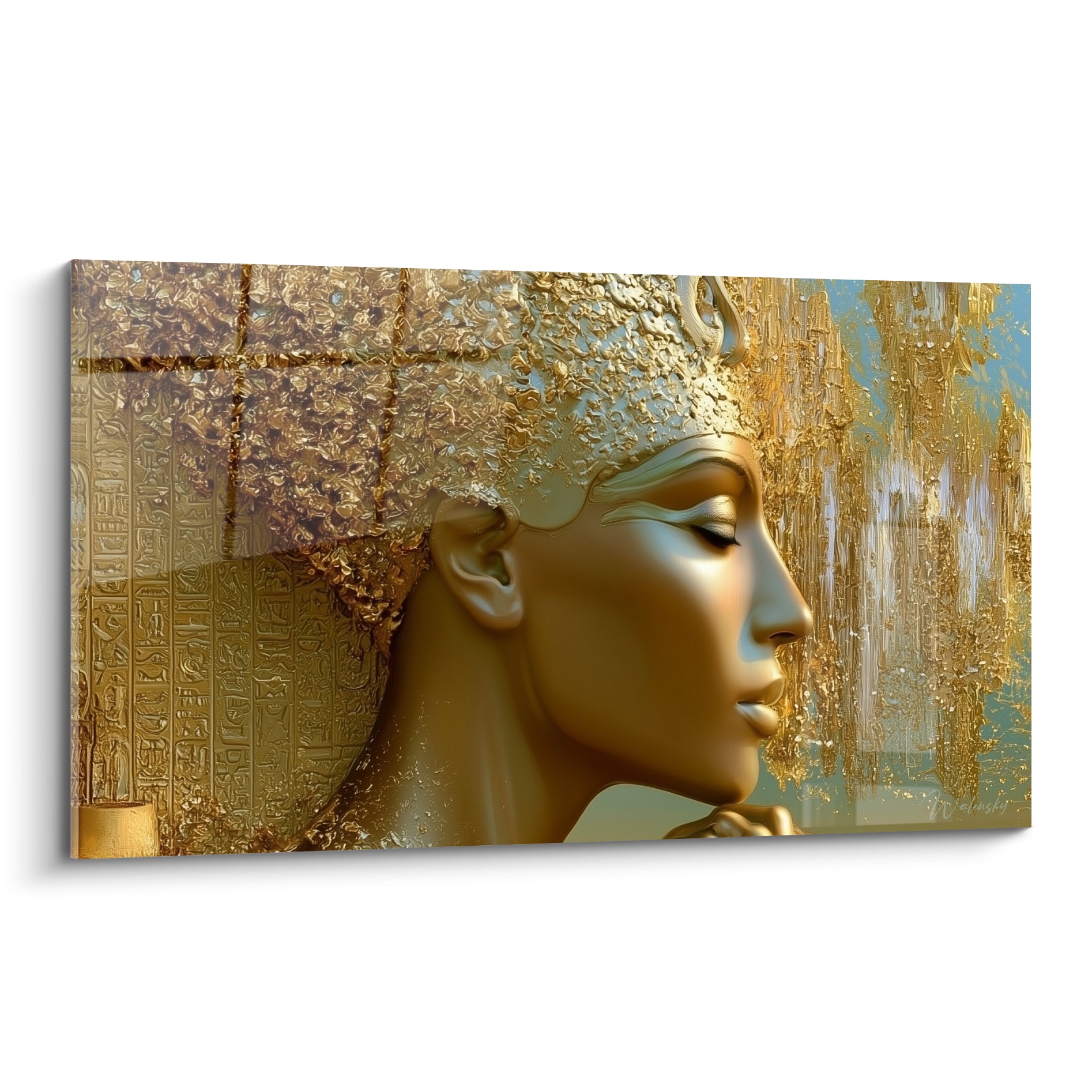 Profil doré de reine égyptienne aux hiéroglyphes turquoise et coiffe texturée dorée