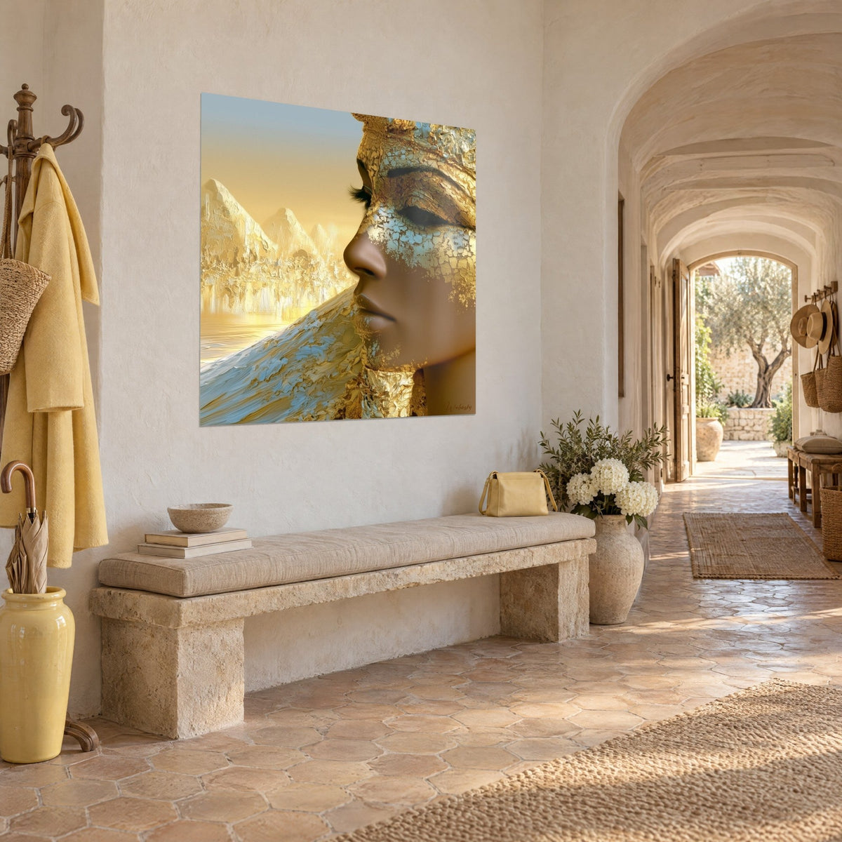 Quadro regina egizia di profilo sotto un copricapo di foglie d'oro, cielo giallo pallido e azzurro ghiacciaio, vista di tre quarti in un corridoio a volta