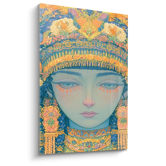 Tableau Visage égyptien bleu et doré aux fleurs blanches - Coiffe fleurie ornementée - Edition egypte