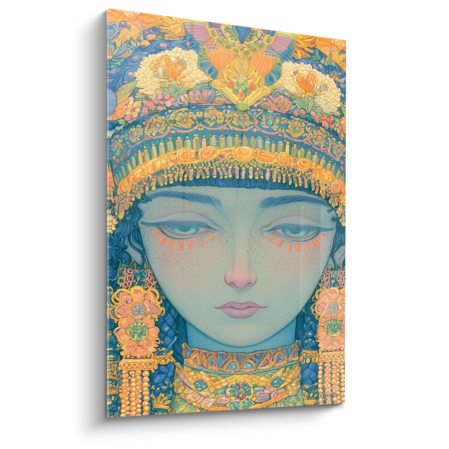 Tableau Visage égyptien bleu et doré aux fleurs blanches - Coiffe fleurie ornementée - Edition egypte