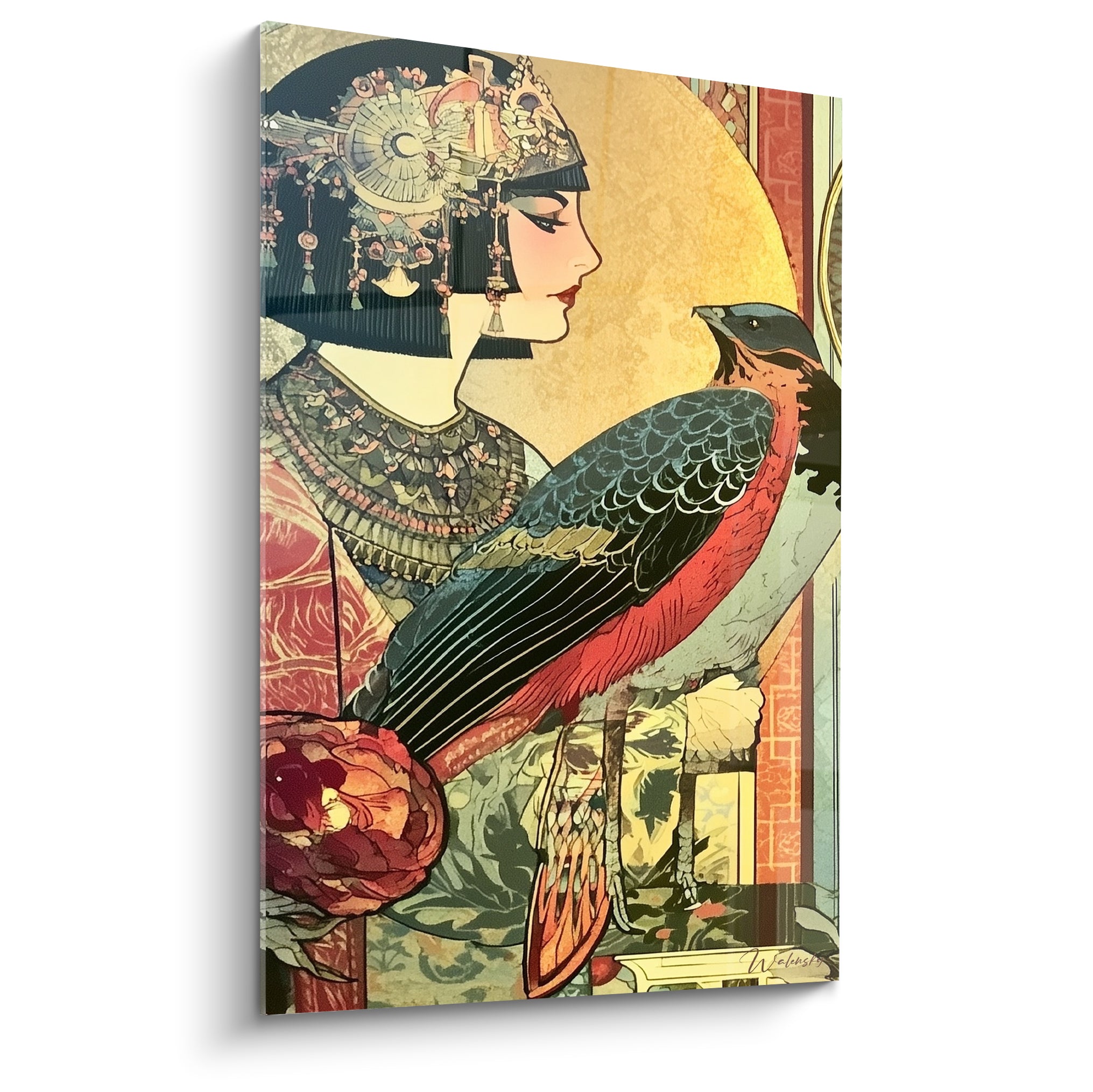 Reine égyptienne au faucon aux plumes terracotta et noires, fond doré style Art Nouveau