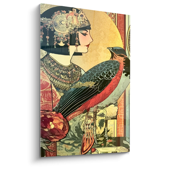 Reine égyptienne au faucon aux plumes terracotta et noires, fond doré style Art Nouveau
